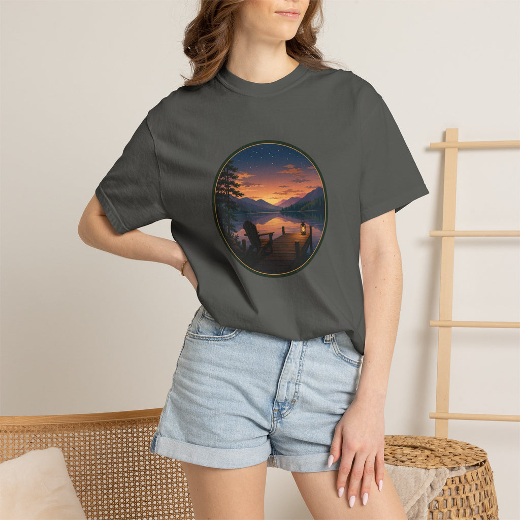 Sunset Lake Camping T-Shirt — Scenic Mountain Lantern Graphic