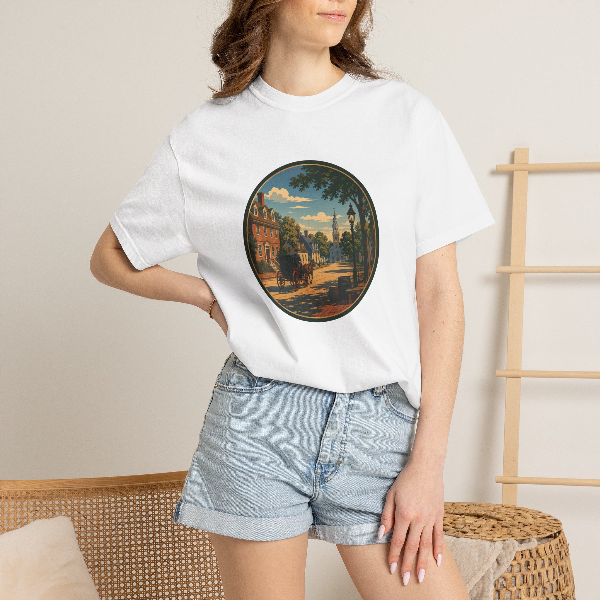 Colonial Carriage Ride T-Shirt — Retro Scenic Circle Print