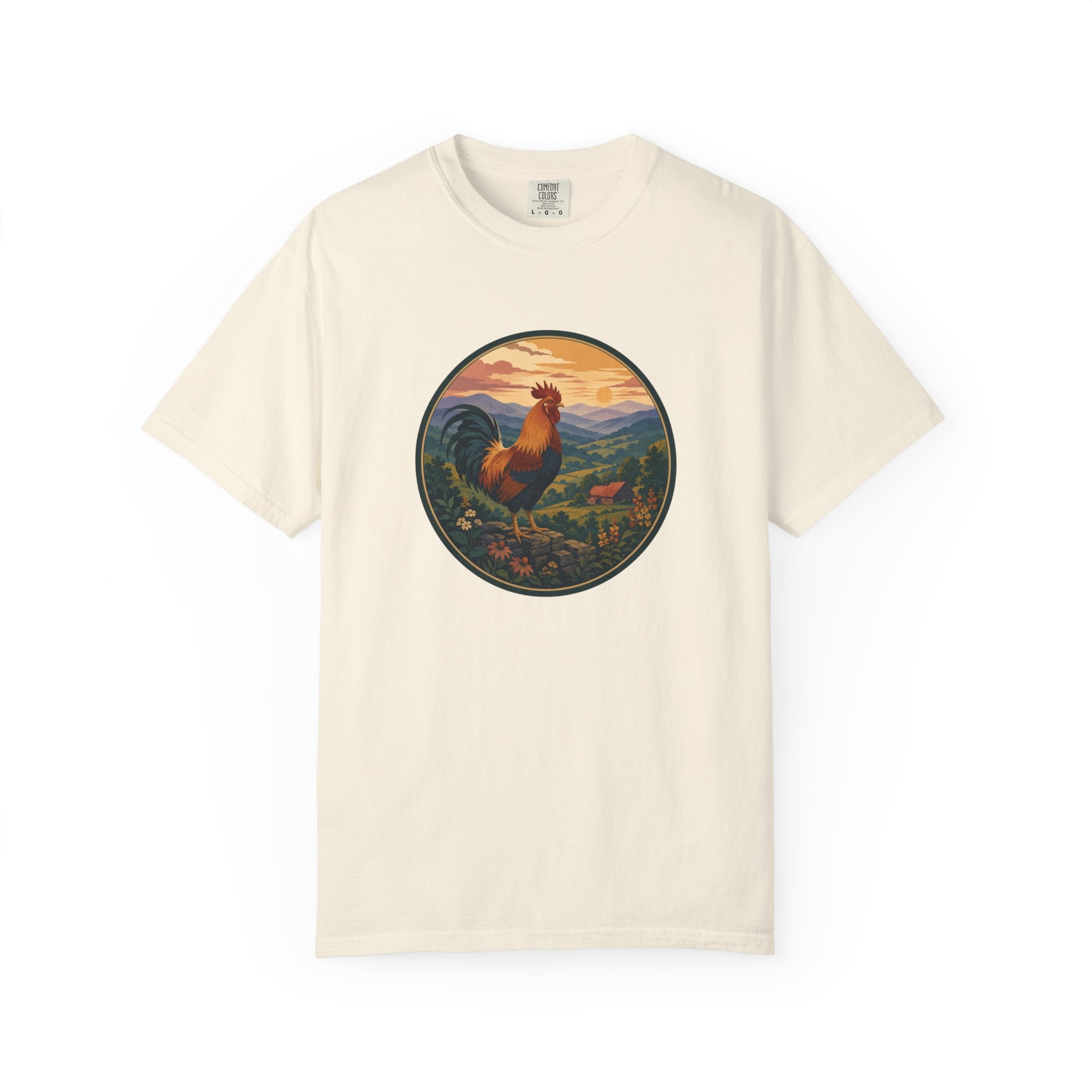 Blue Ridge Rooster Sunrise T-Shirt — Vintage Farm Scene Tee