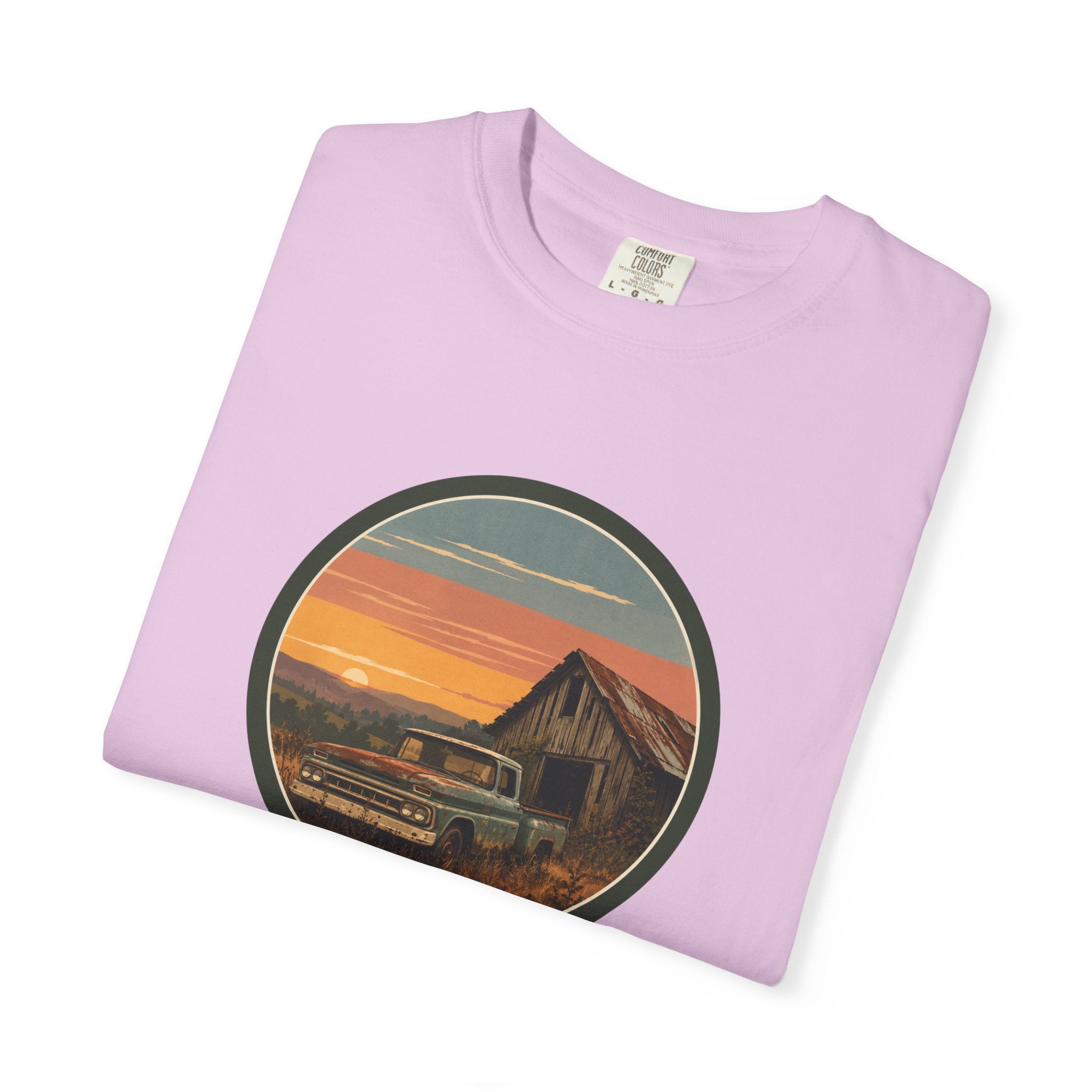 Vintage Sunset Barn T-Shirt — Retro Truck Farm Scene