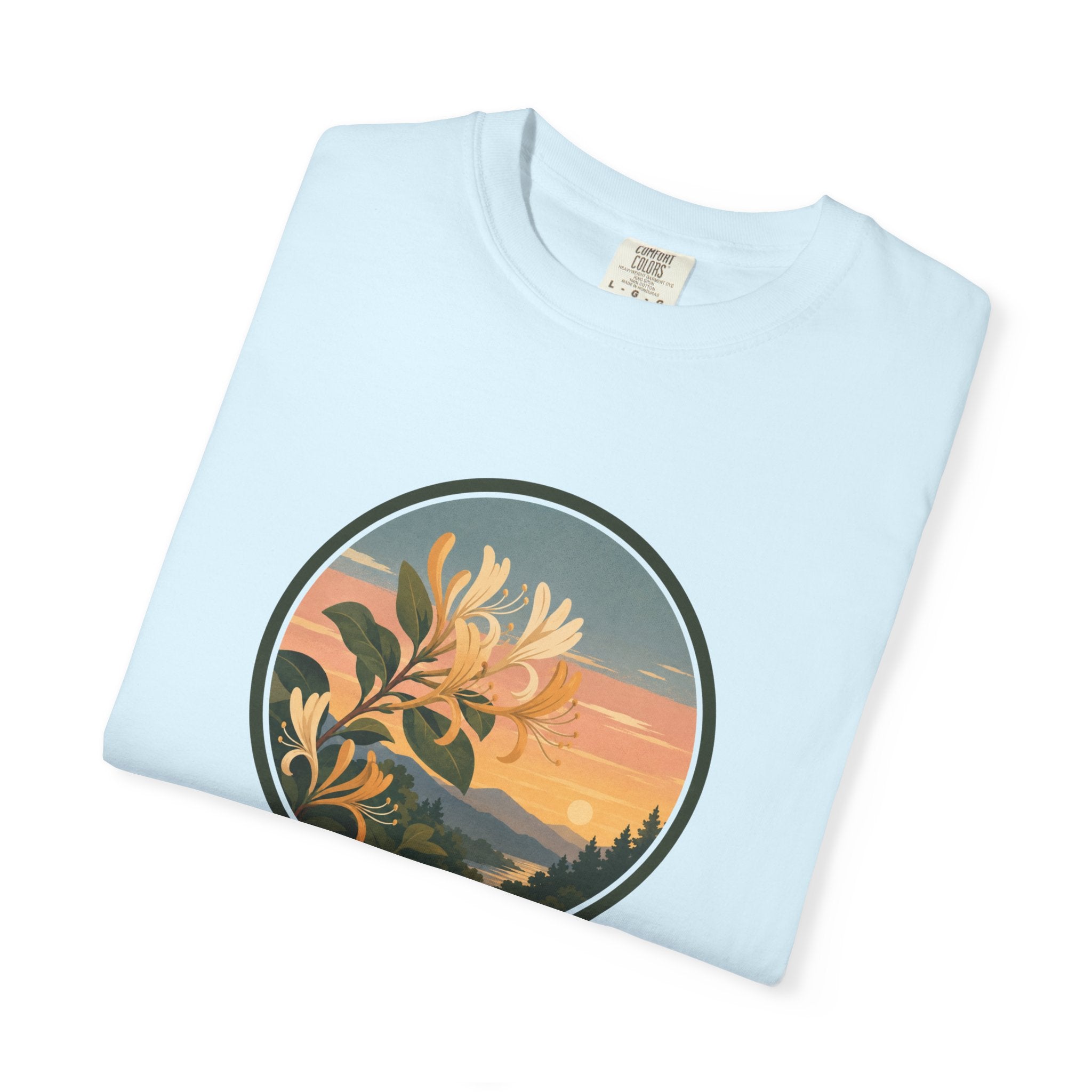 Sunset Honeysuckle T-Shirt — Floral Sunset Circle Graphic Tee