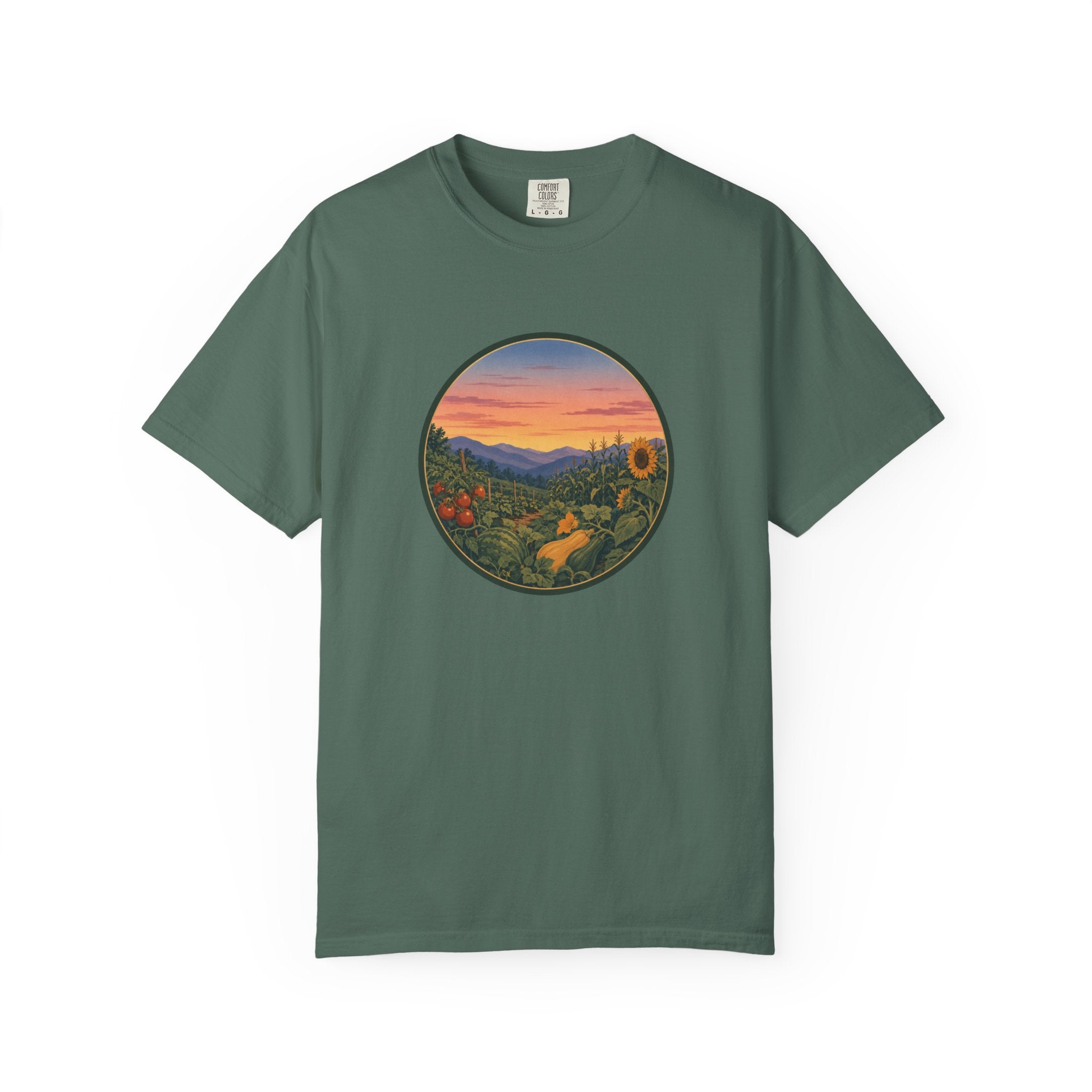 Sunset Mountain Garden T-Shirt — Scenic Fresh Vegetables Landscape Tee