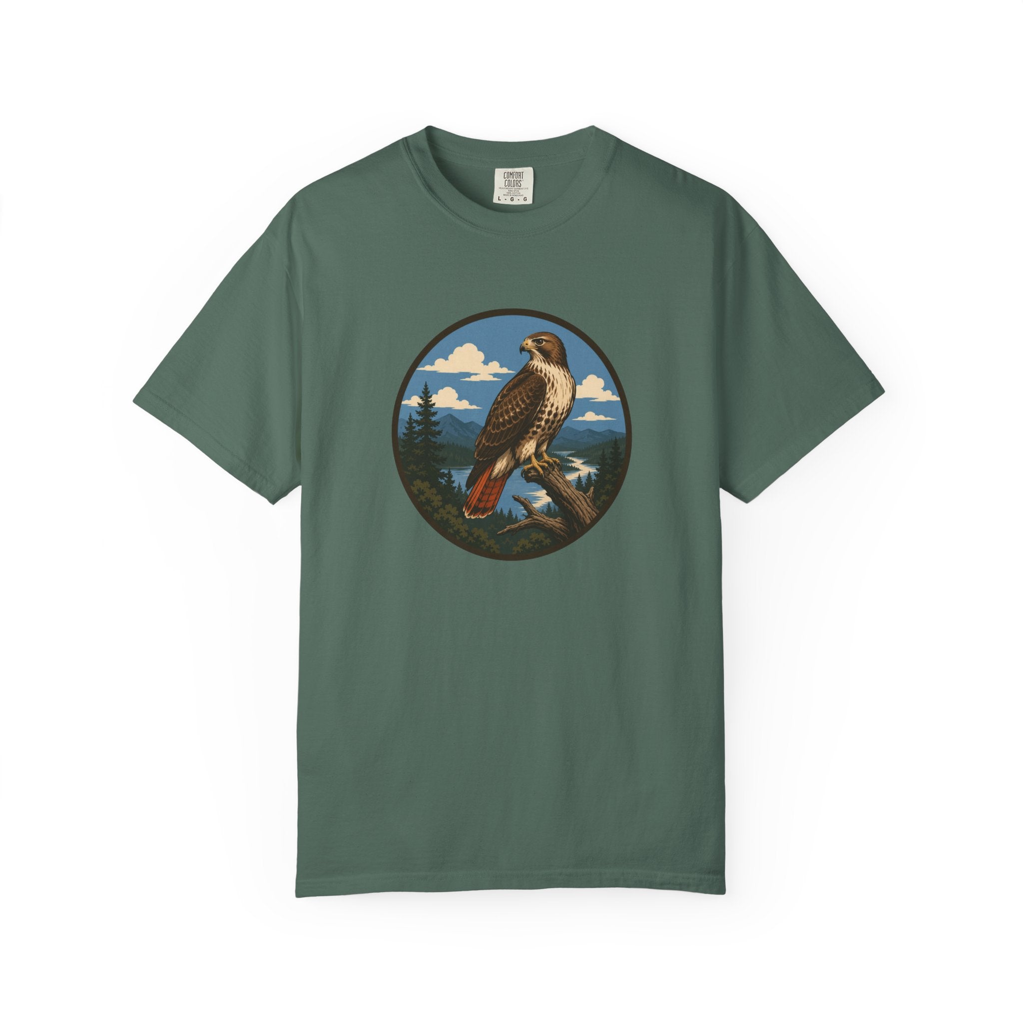 Red-Tail Hawk Mountain Circle T-Shirt — Vintage Hawk Nature Graphic Tee