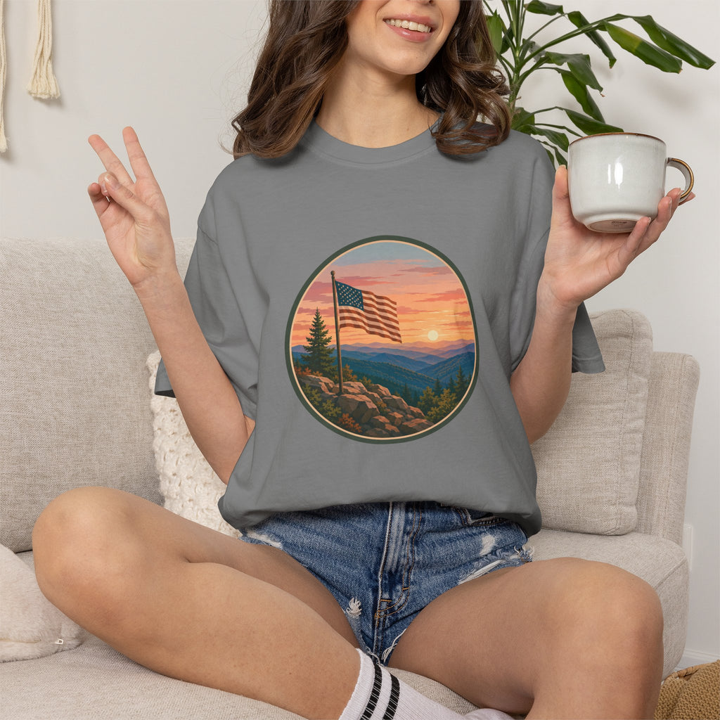 Flag Over Blue Ridge Mountains T-Shirt — Scenic Sunset American Flag Graphic Tee