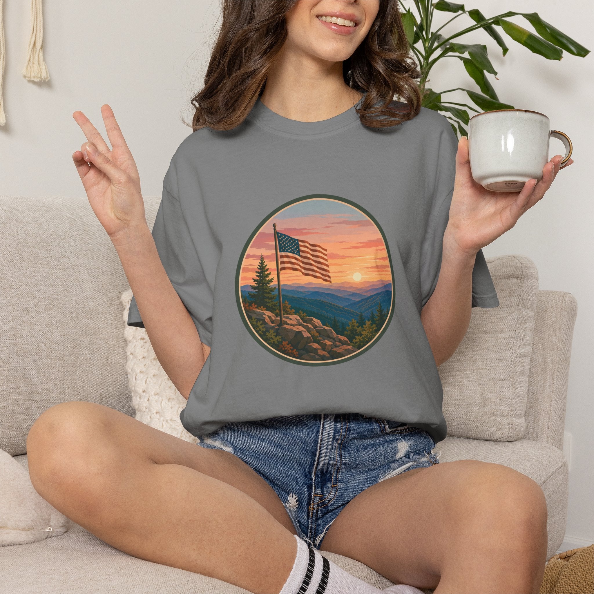 Flag Over Blue Ridge Mountains T-Shirt — Scenic Sunset American Flag Graphic Tee