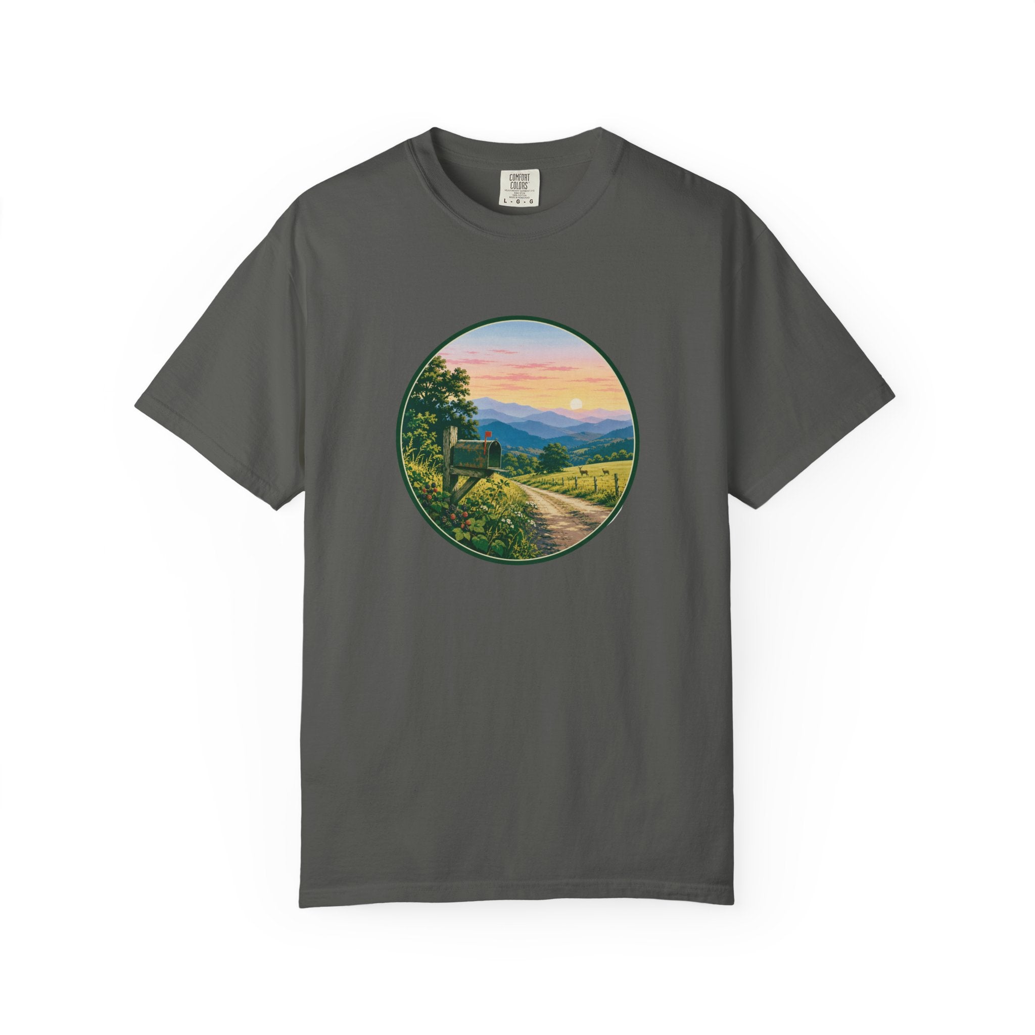 Scenic Backroad Sunset T-Shirt — Vintage Mailbox Circle Landscape Tee