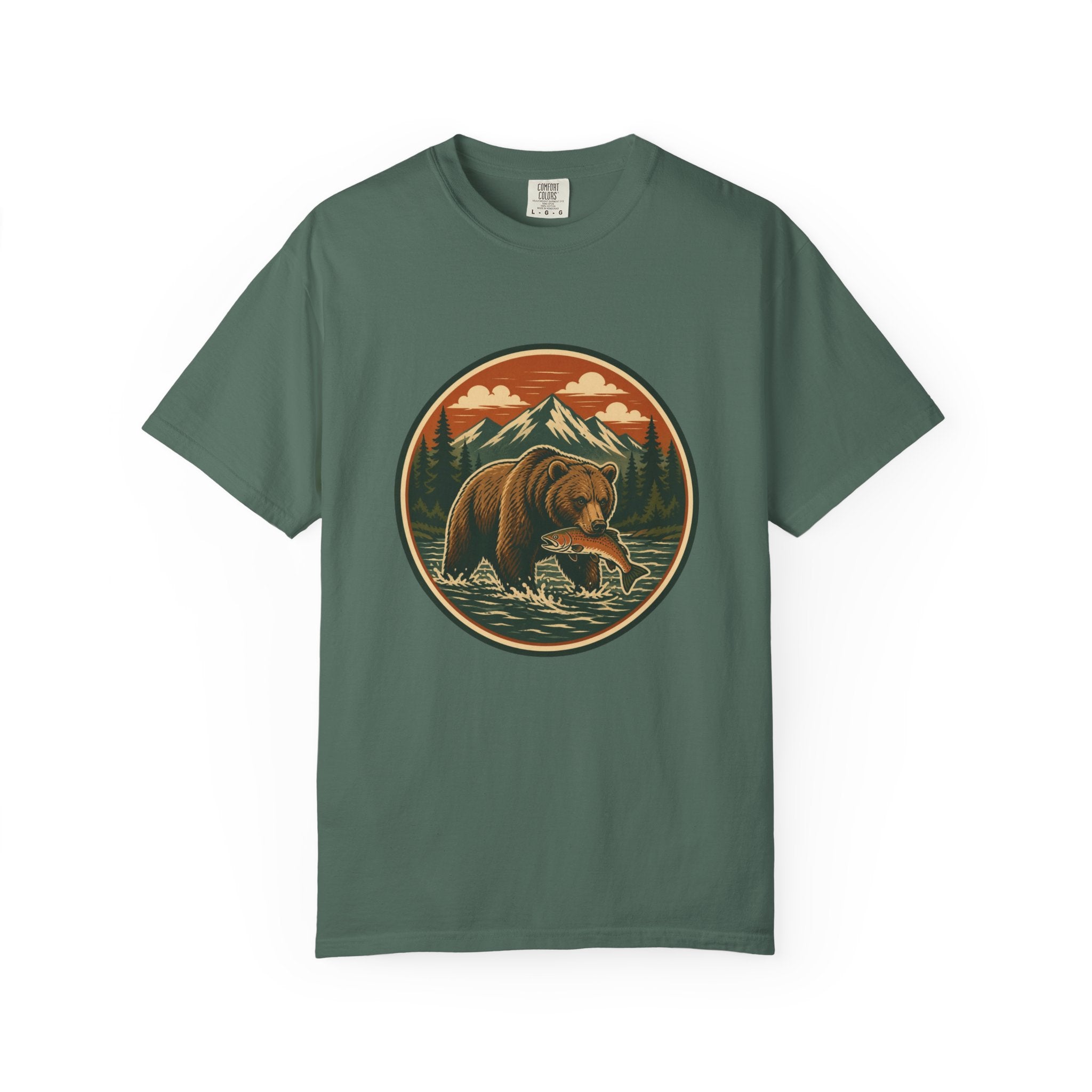 Bear Fishing Mountain T-Shirt — Retro Wilderness Outdoor Graphic Tee