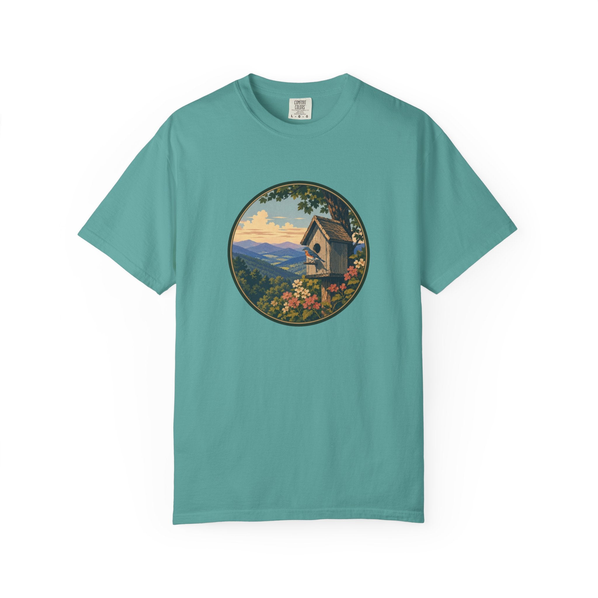 Scenic Birdhouse Tee — Mountain Sunrise Nature T-Shirt
