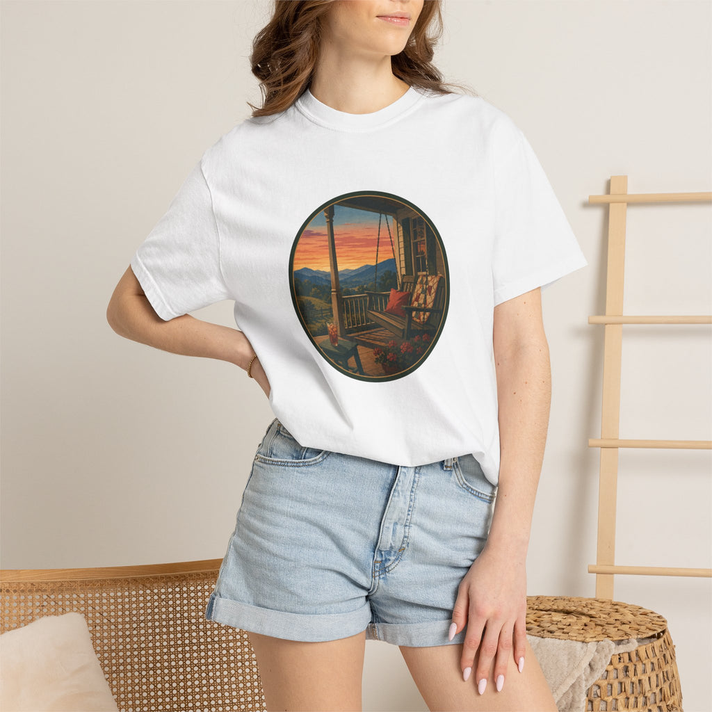 Sunset Porch Circle T-Shirt — Scenic Porch Swing Graphic Tee