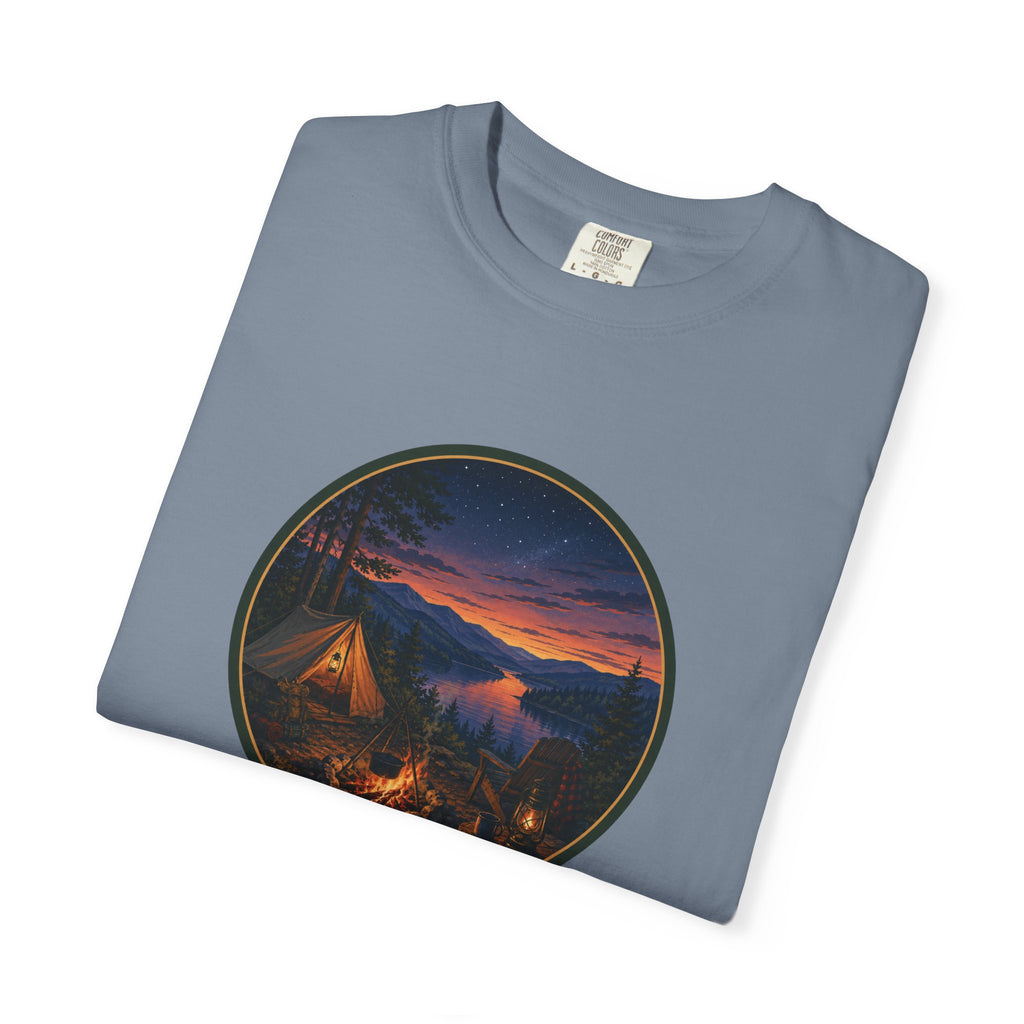 Camping Sunset T-Shirt — Riverside Campfire Night Scene