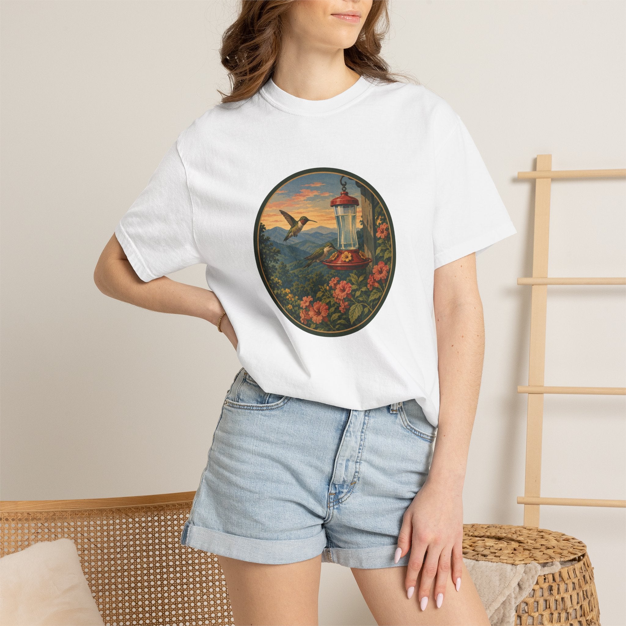 Hummingbird Sunset T-Shirt — Vintage Floral Graphic Tee