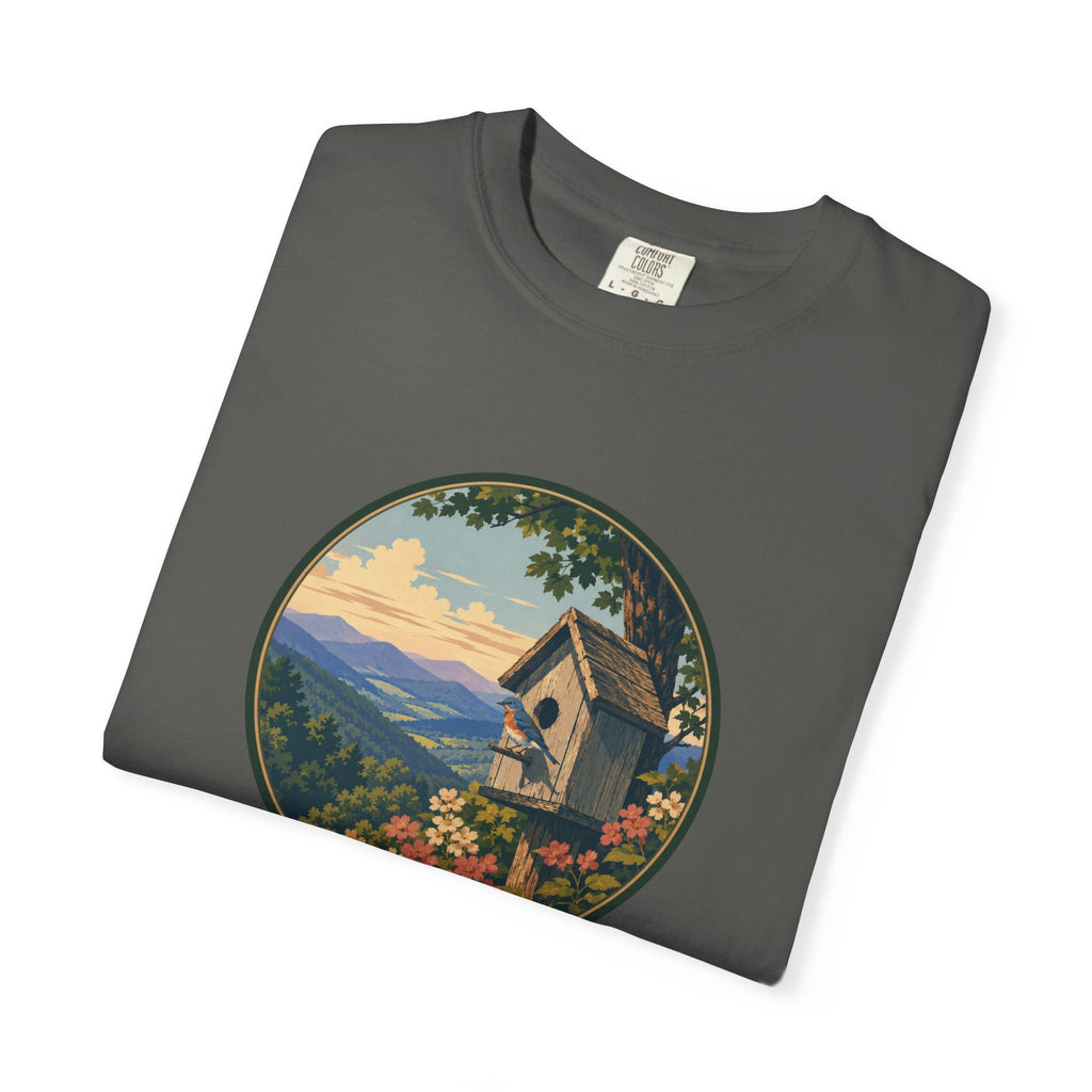 Scenic Birdhouse Tee — Mountain Sunrise Nature T-Shirt