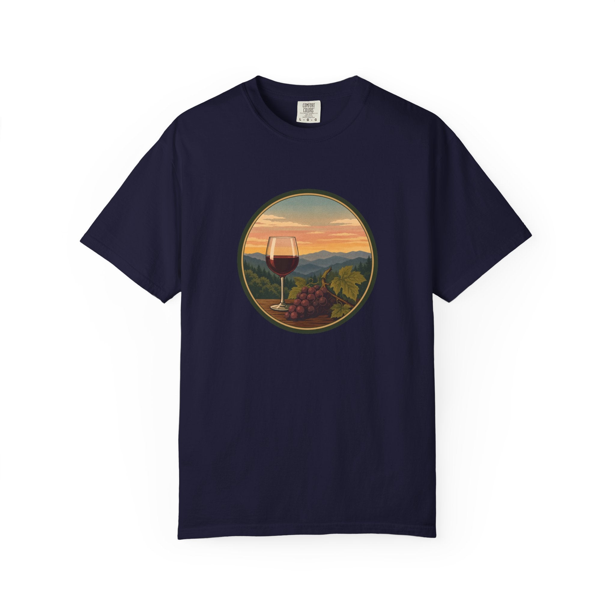 Wine Sunset T-Shirt — Vineyard Glass & Grapes Scenic Tee
