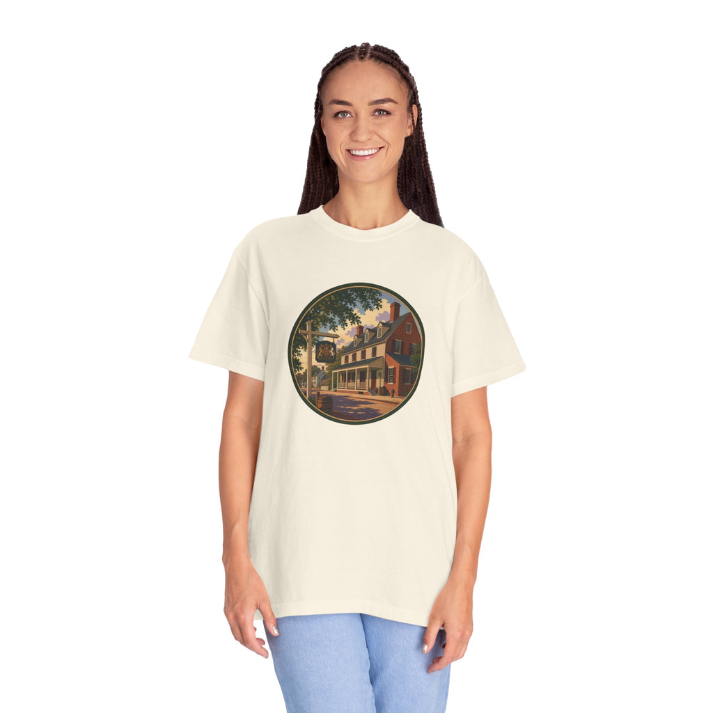Historic Main Street Tavern T-Shirt — Colonial Village Scene Tee