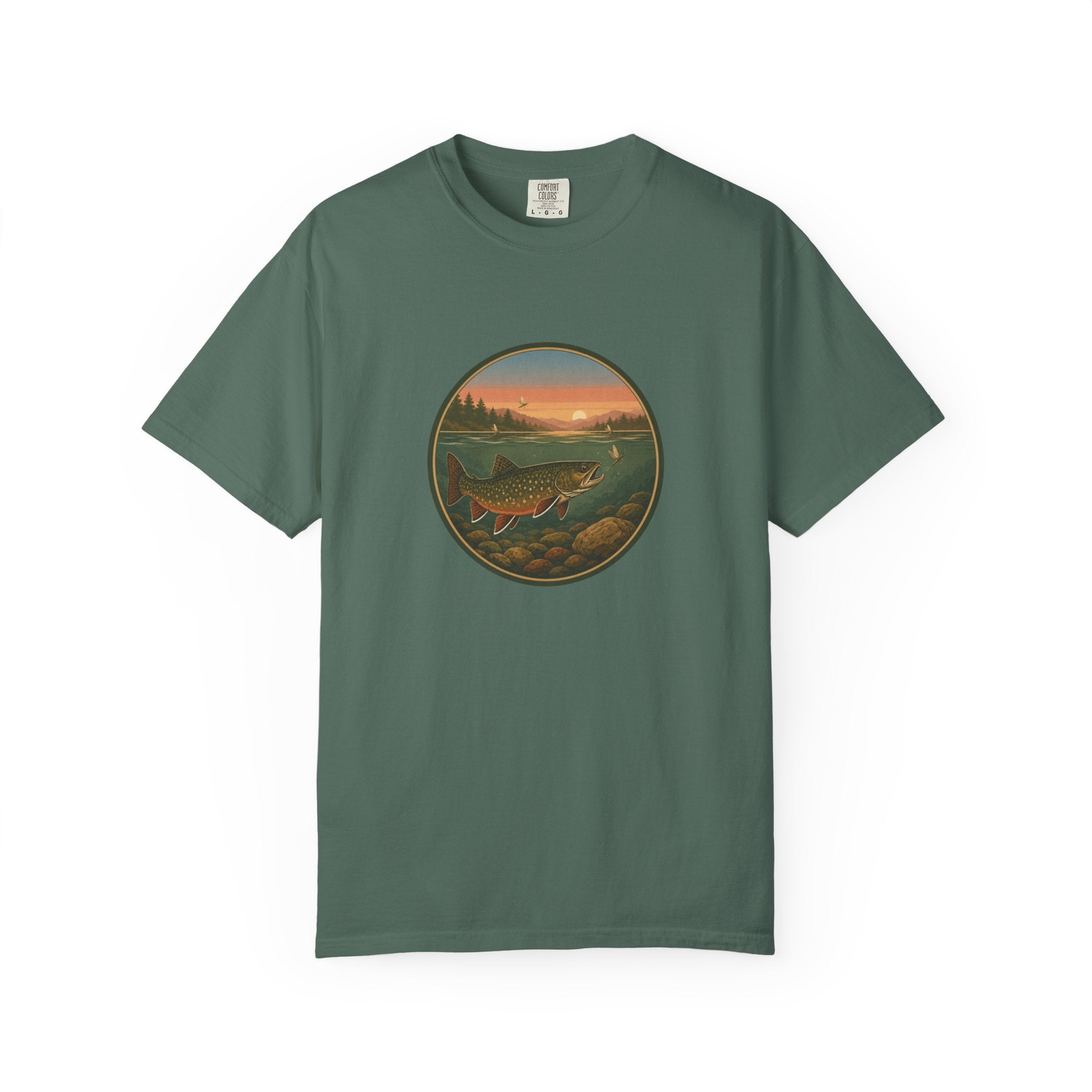 Brook Trout Sunset Fishing T-Shirt — Vintage River Scene Tee