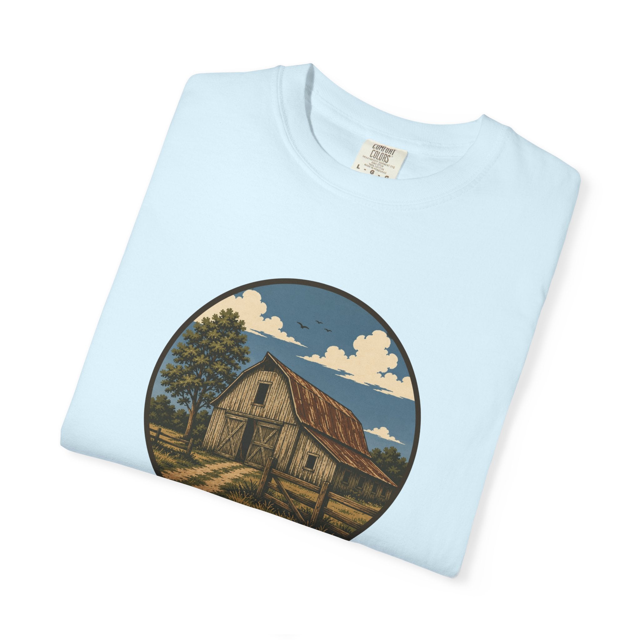Barn Scene T-Shirt — Rustic Farmhouse Circle Graphic Tee