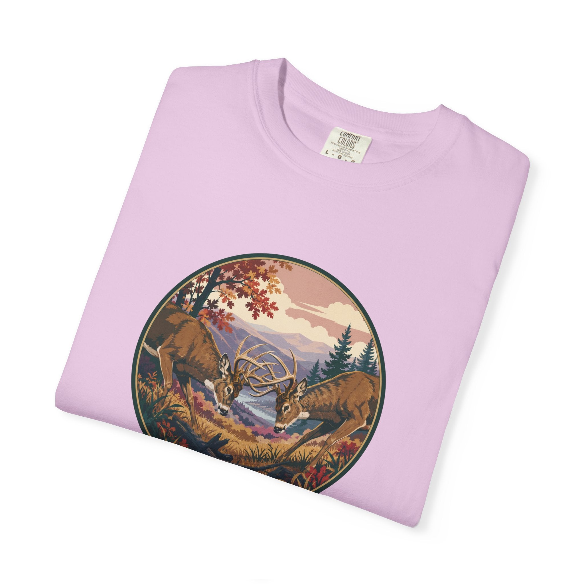 Scenic Wilderness Circle T-Shirt — Mountain Camping & Deer Nature Graphic