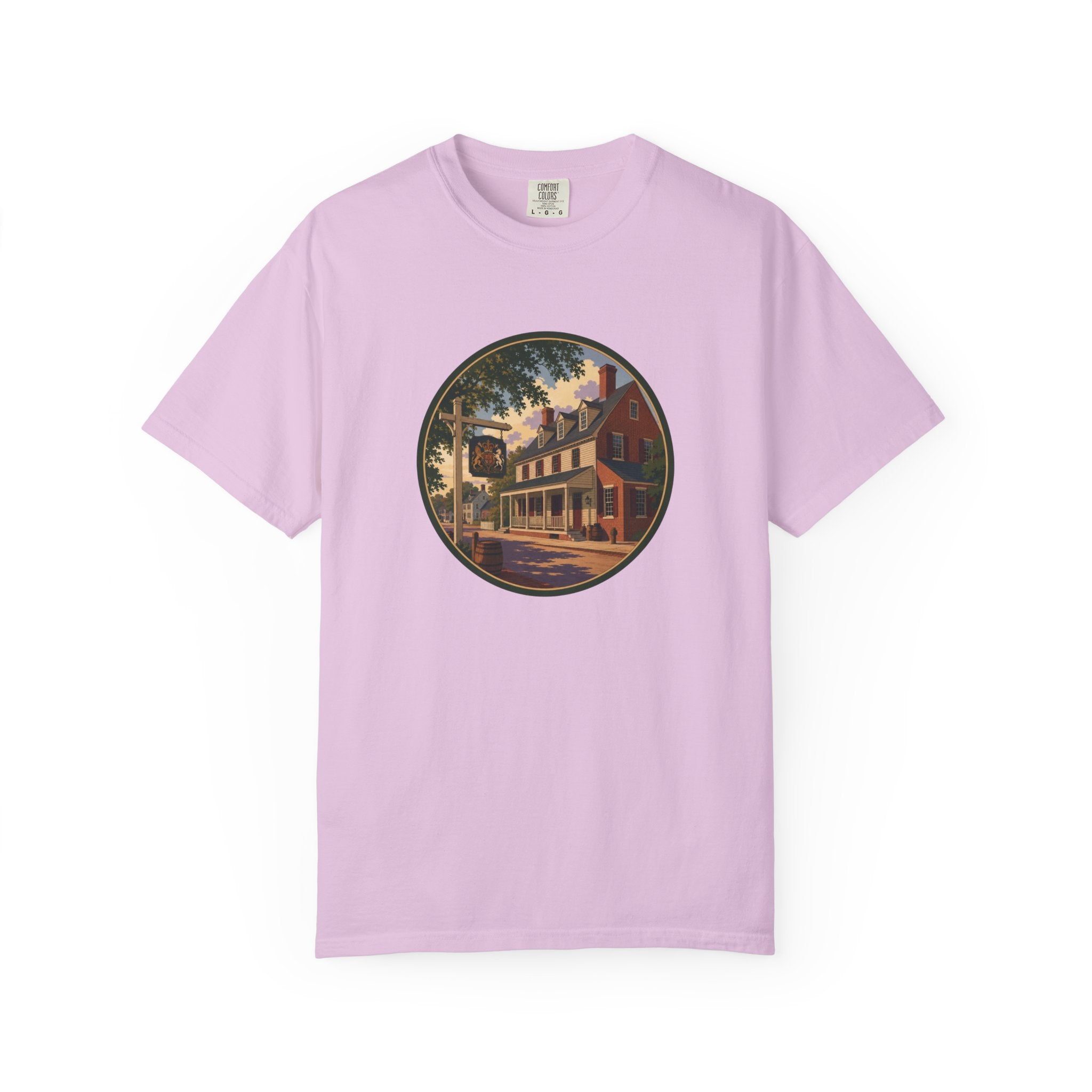 Historic Main Street Tavern T-Shirt — Colonial Village Scene Tee