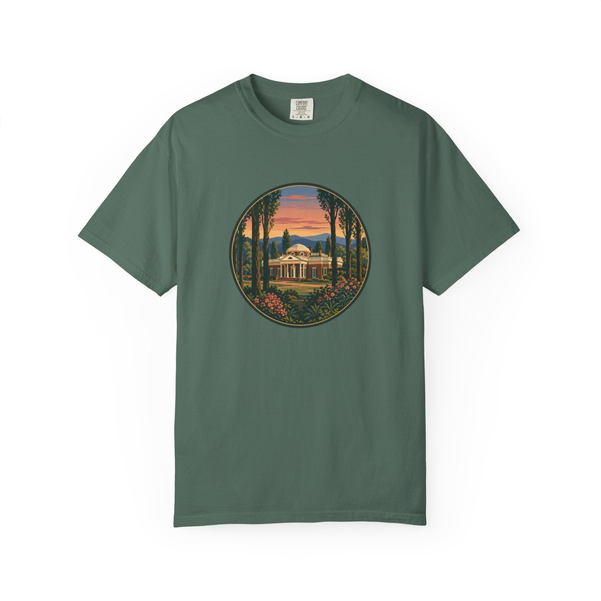 Thomas Jefferson Historic Home T-Shirt — Scenic Sunset Graphic Tee