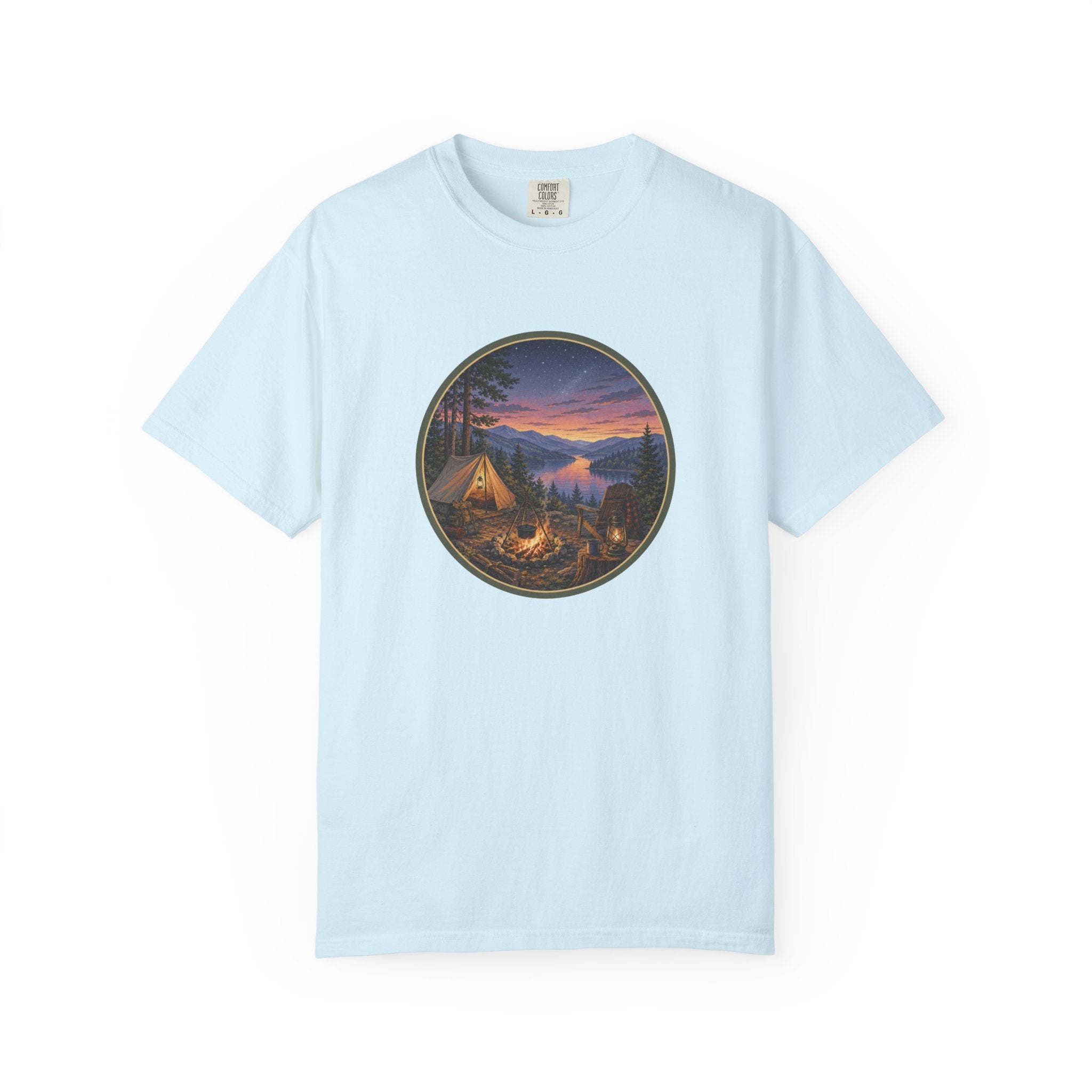 Camping Sunset T-Shirt — Riverside Campfire Night Scene