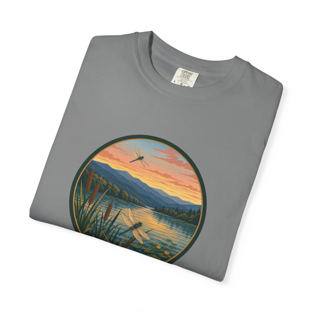 Dragonfly Sunset Lake Scene T-Shirt — Scenic Mountain Nature Tee