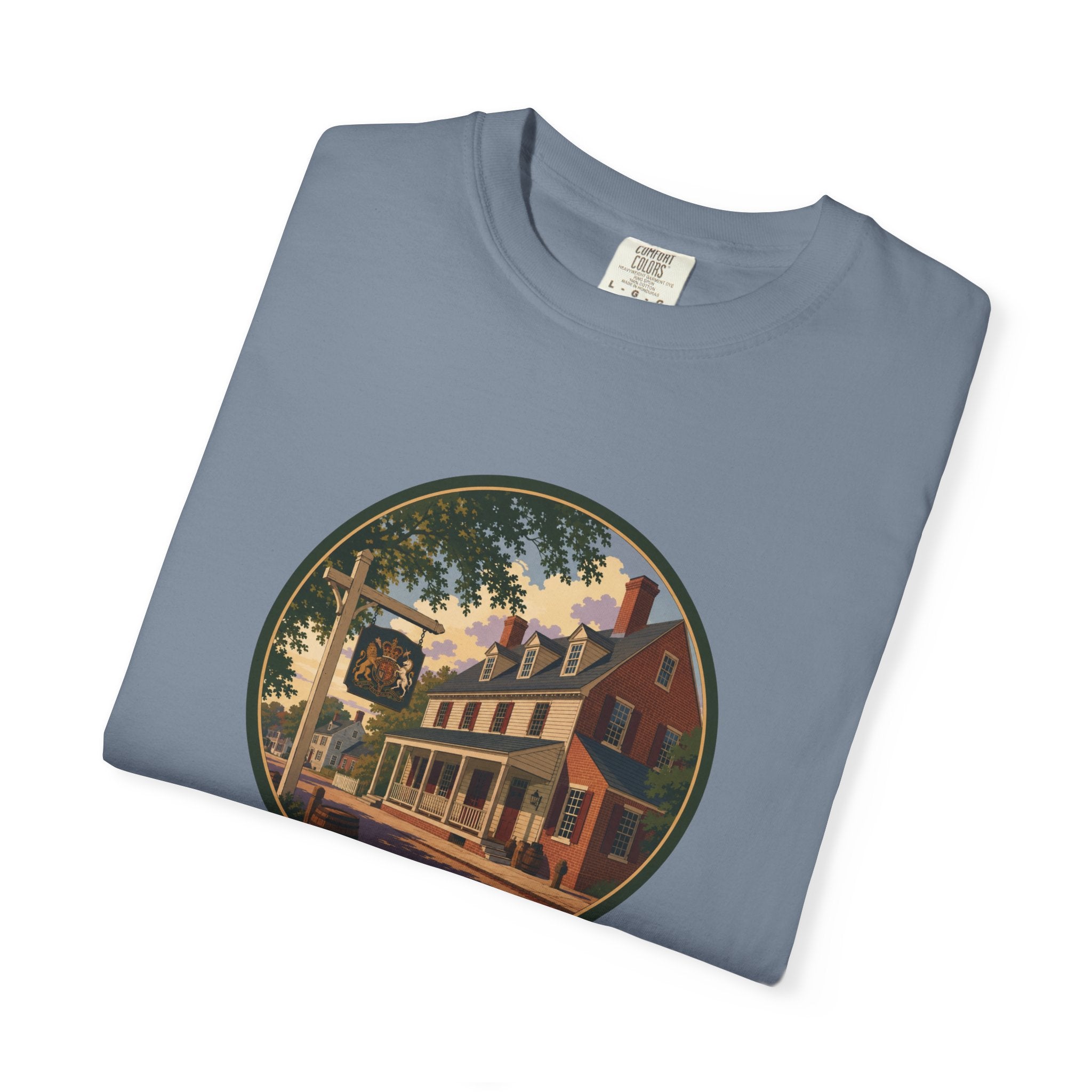 Historic Main Street Tavern T-Shirt — Colonial Village Scene Tee