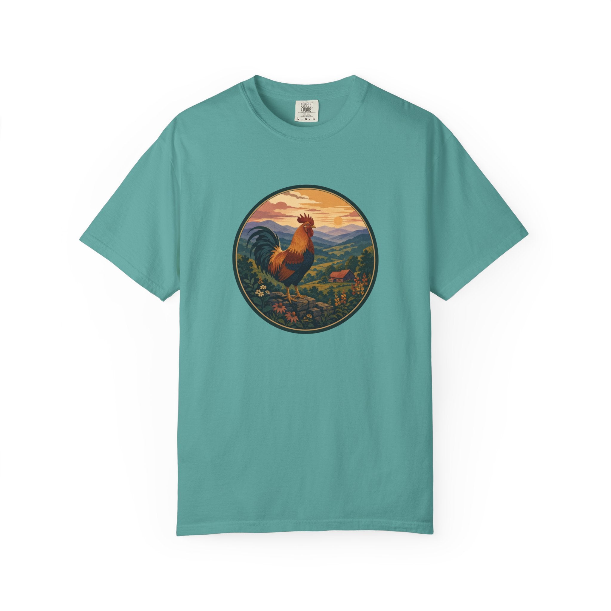 Blue Ridge Rooster Sunrise T-Shirt — Vintage Farm Scene Tee