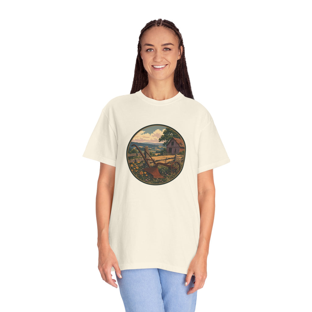 Vintage Countryside T-Shirt — Scenic Farm Landscape Graphic