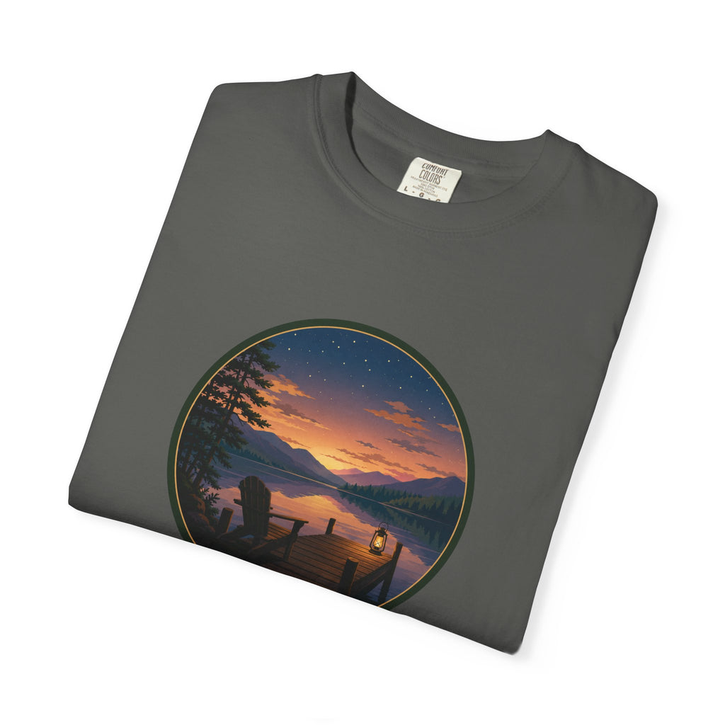 Sunset Lake Camping T-Shirt — Scenic Mountain Lantern Graphic