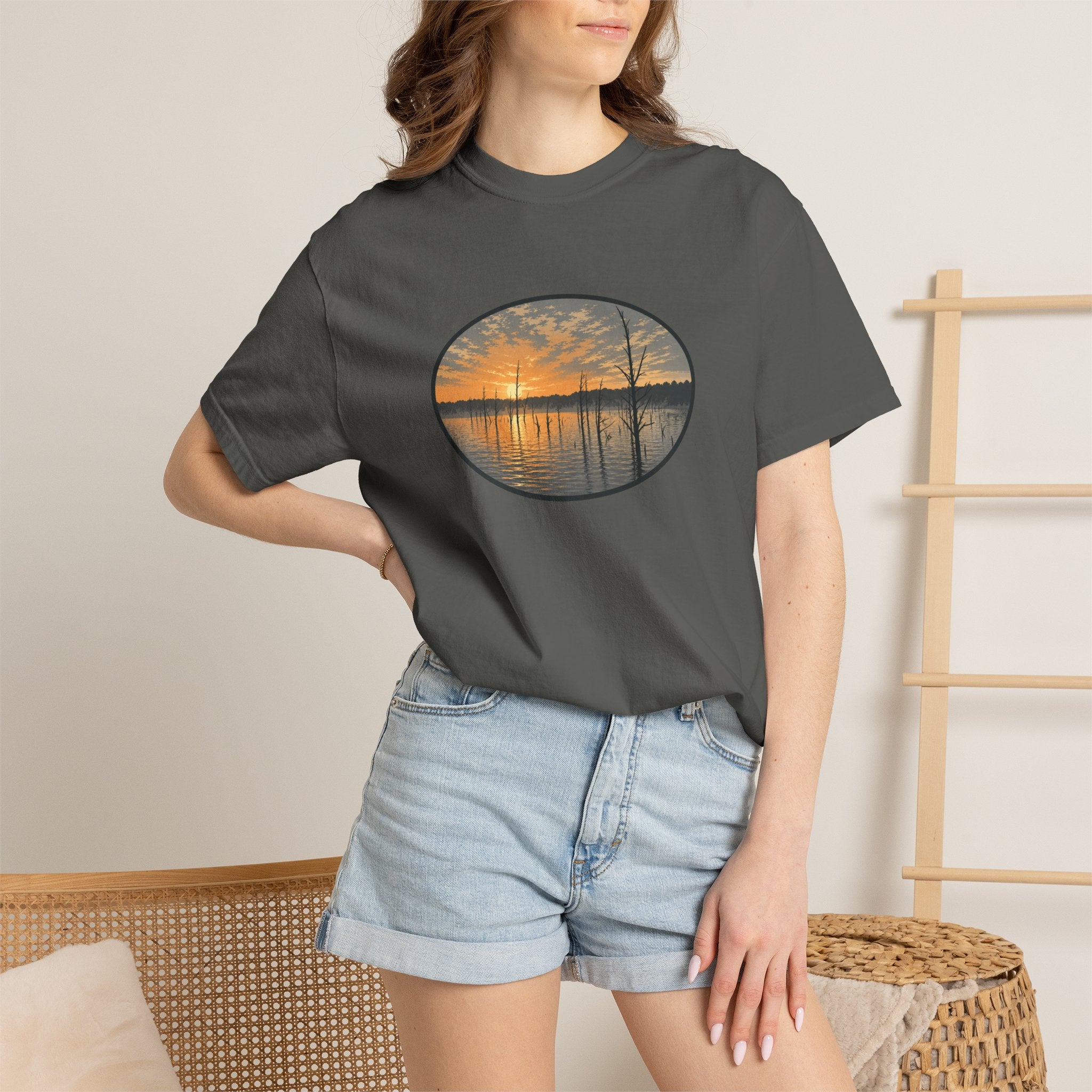 Sunrise Wooded Lake Oval T-Shirt