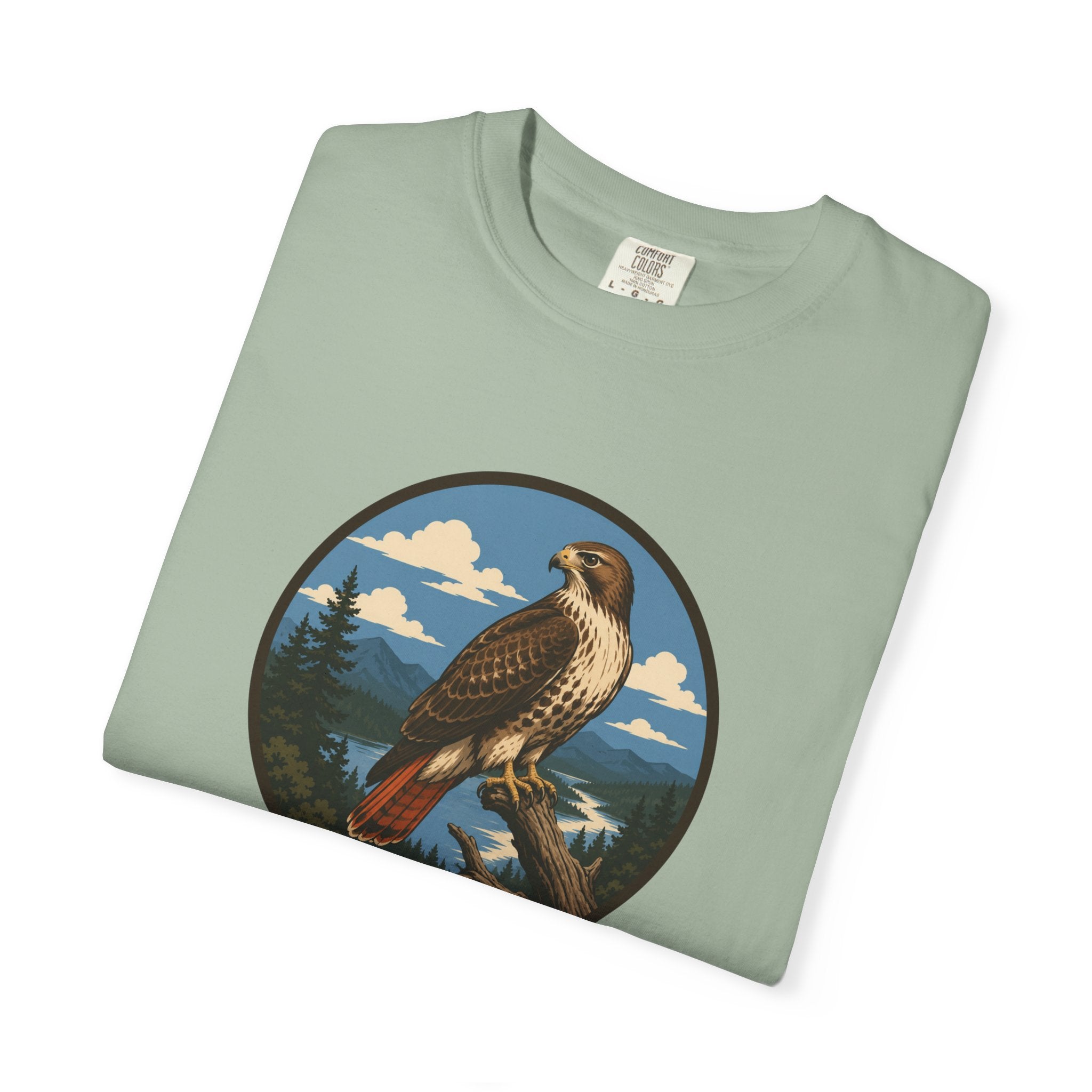 Red-Tail Hawk Mountain Circle T-Shirt — Vintage Hawk Nature Graphic Tee
