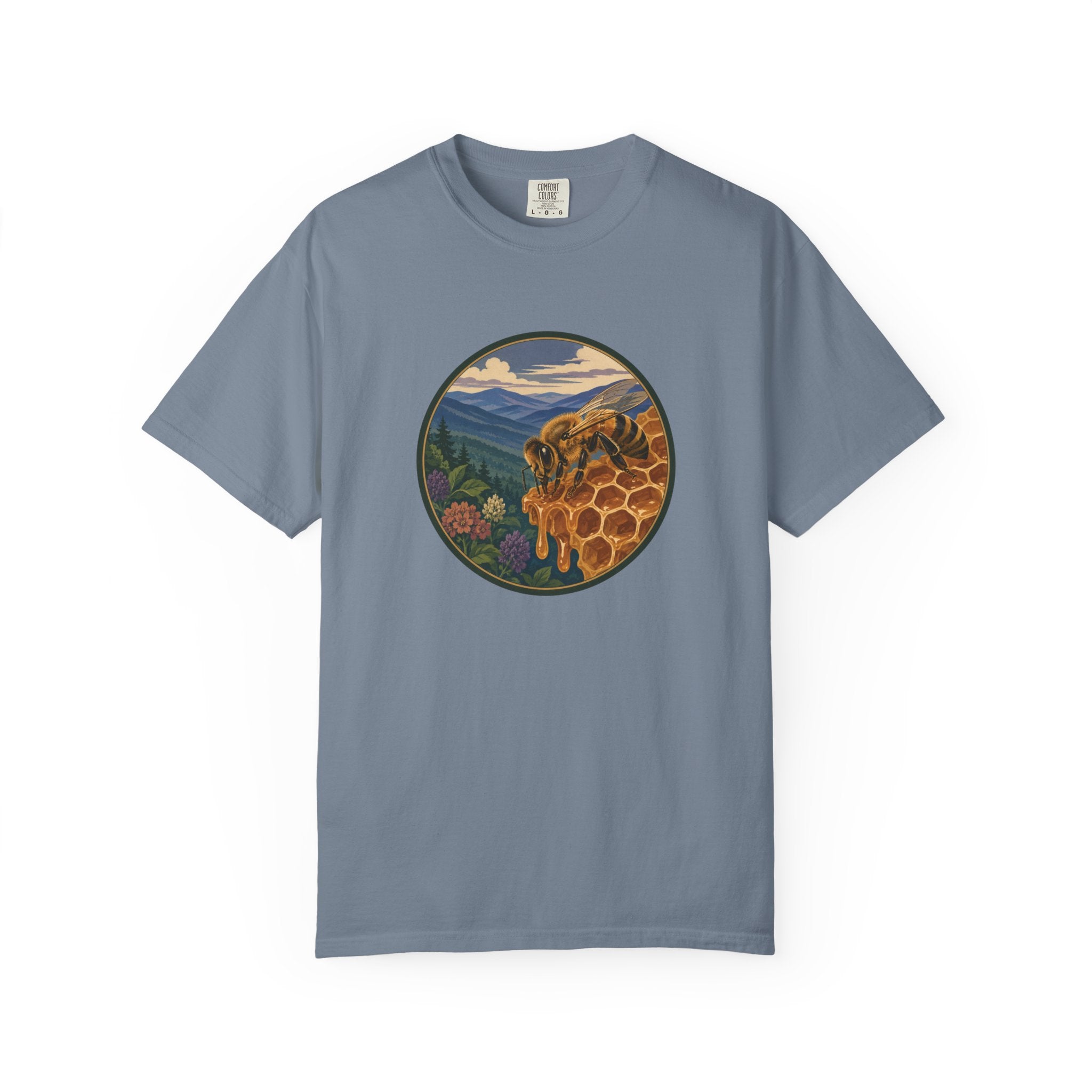 Honey Bee & Mountains Graphic T-Shirt — Honeycomb Nature Illustration