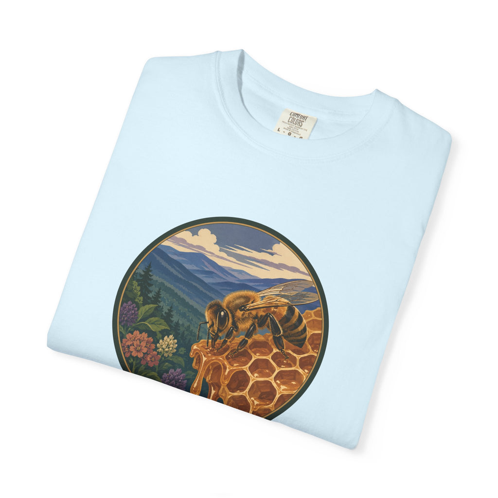 Honey Bee & Mountains Graphic T-Shirt — Honeycomb Nature Illustration