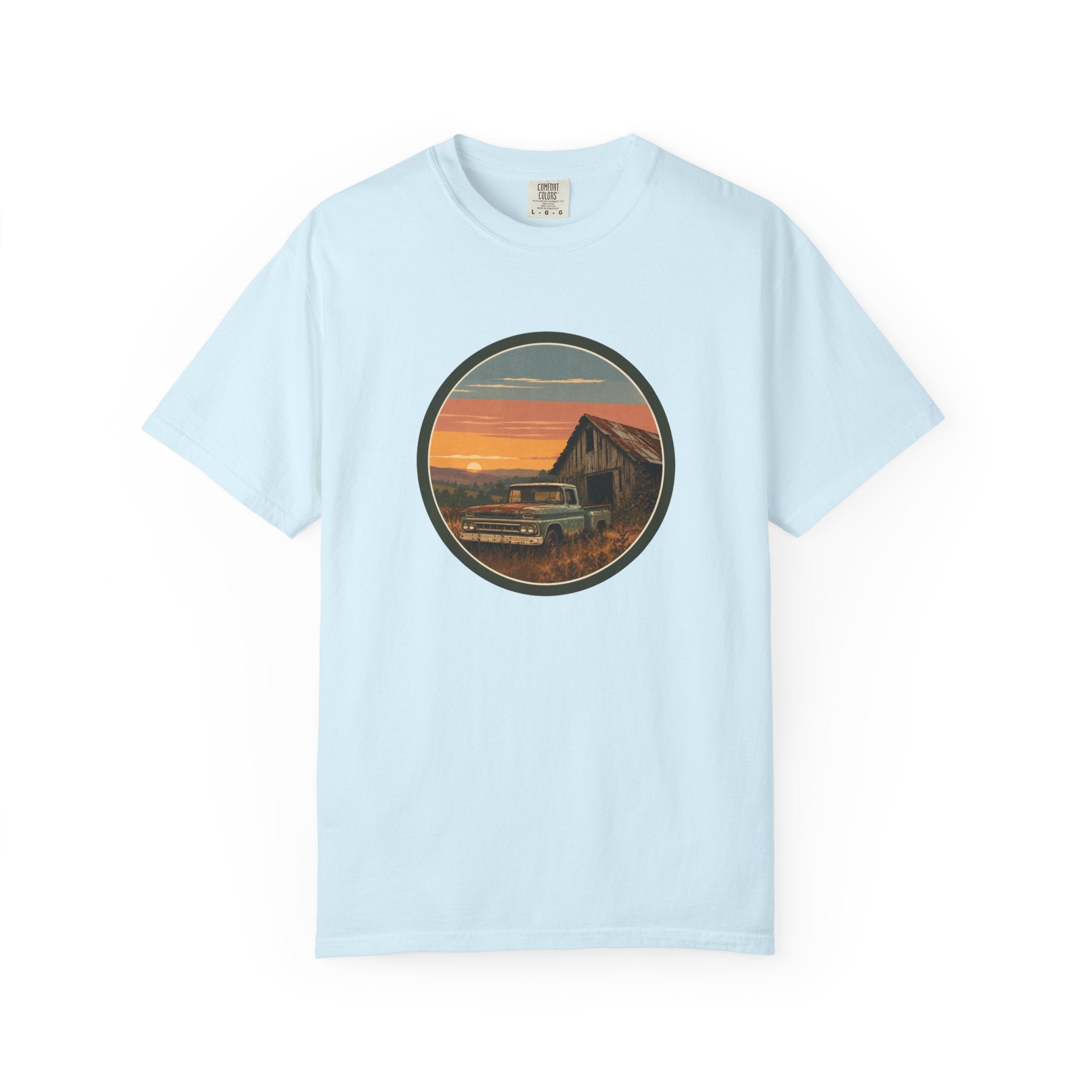 Vintage Sunset Barn T-Shirt — Retro Truck Farm Scene