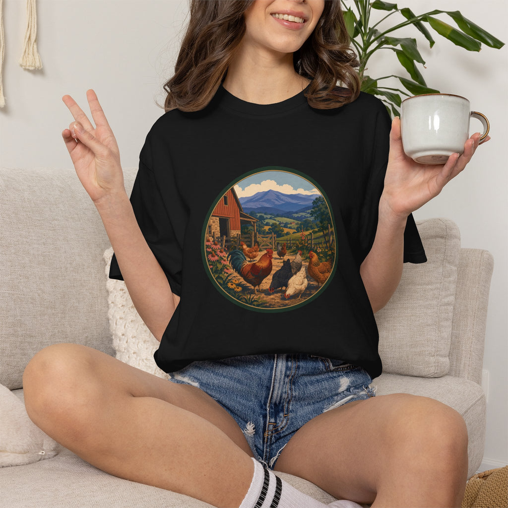 Chicken Farm Vintage Tee — Pastoral Hen Scene T-Shirt