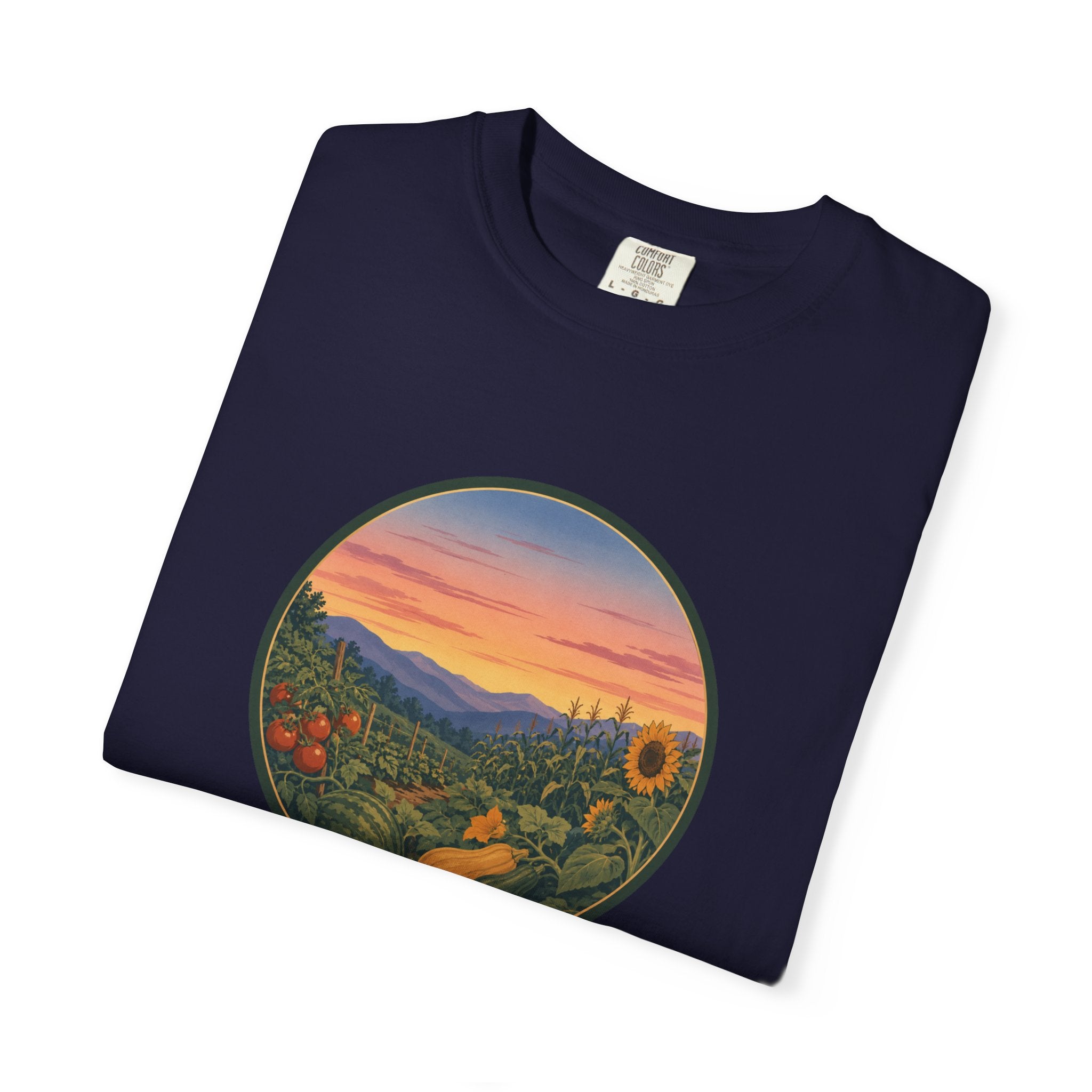 Sunset Mountain Garden T-Shirt — Scenic Fresh Vegetables Landscape Tee