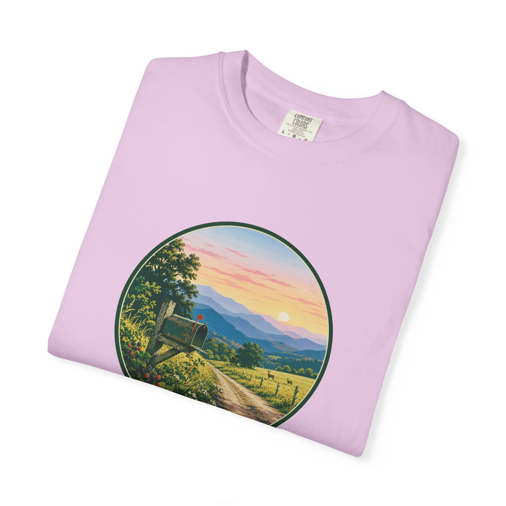 Scenic Backroad Sunset T-Shirt — Vintage Mailbox Circle Landscape Tee