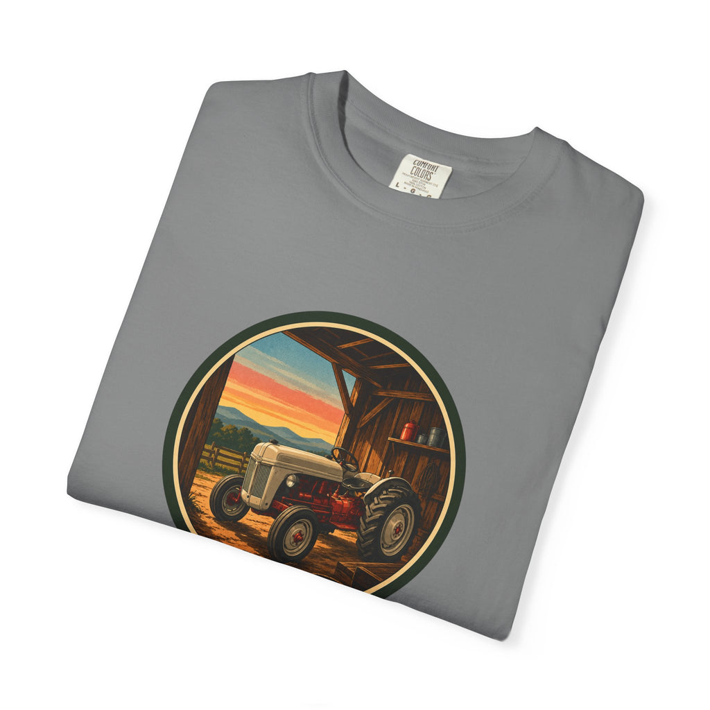 Vintage Tractor Circle T-Shirt — Rustic Farmstead Sunset Tee