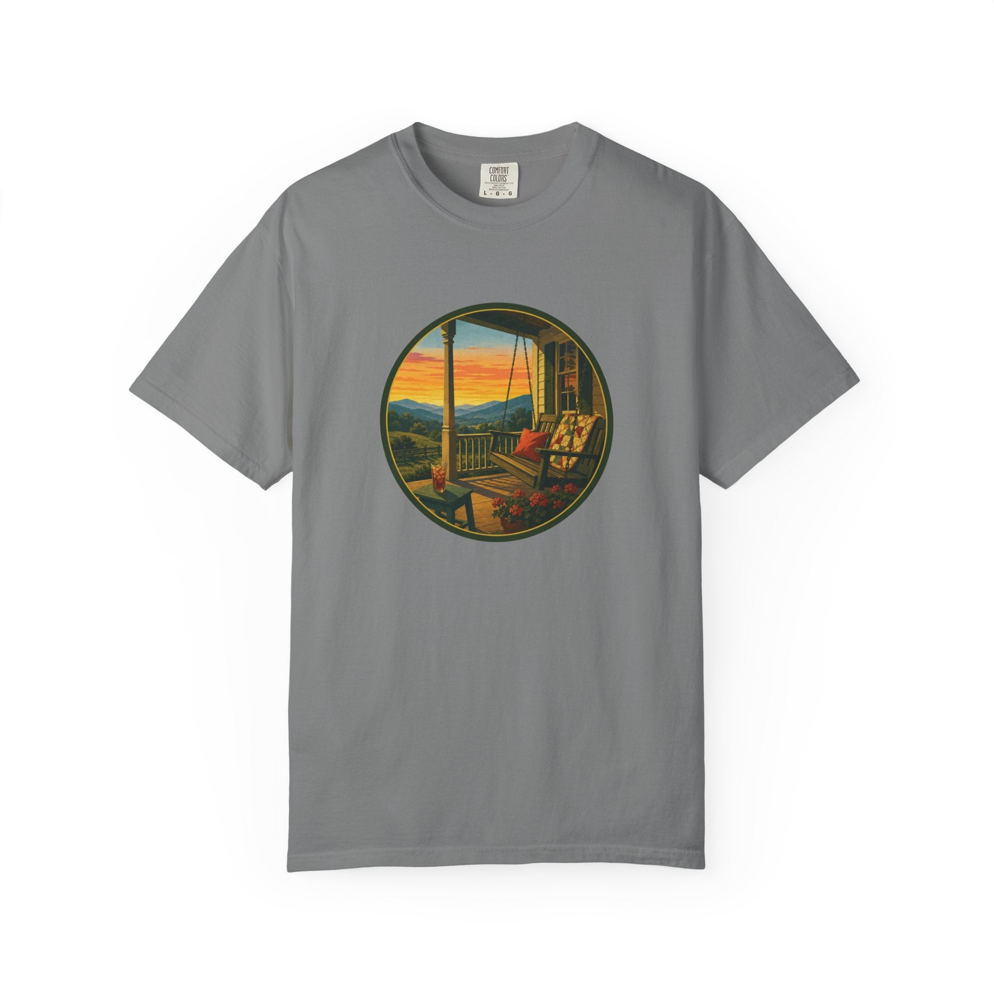 Sunset Porch Circle T-Shirt — Scenic Porch Swing Graphic Tee