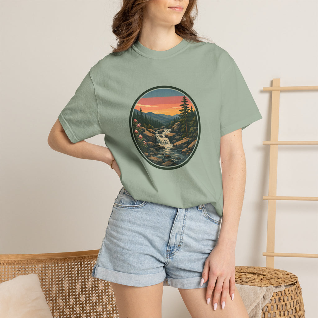 Scenic Waterfall T‑Shirt — Sunset Wilderness Nature Graphic