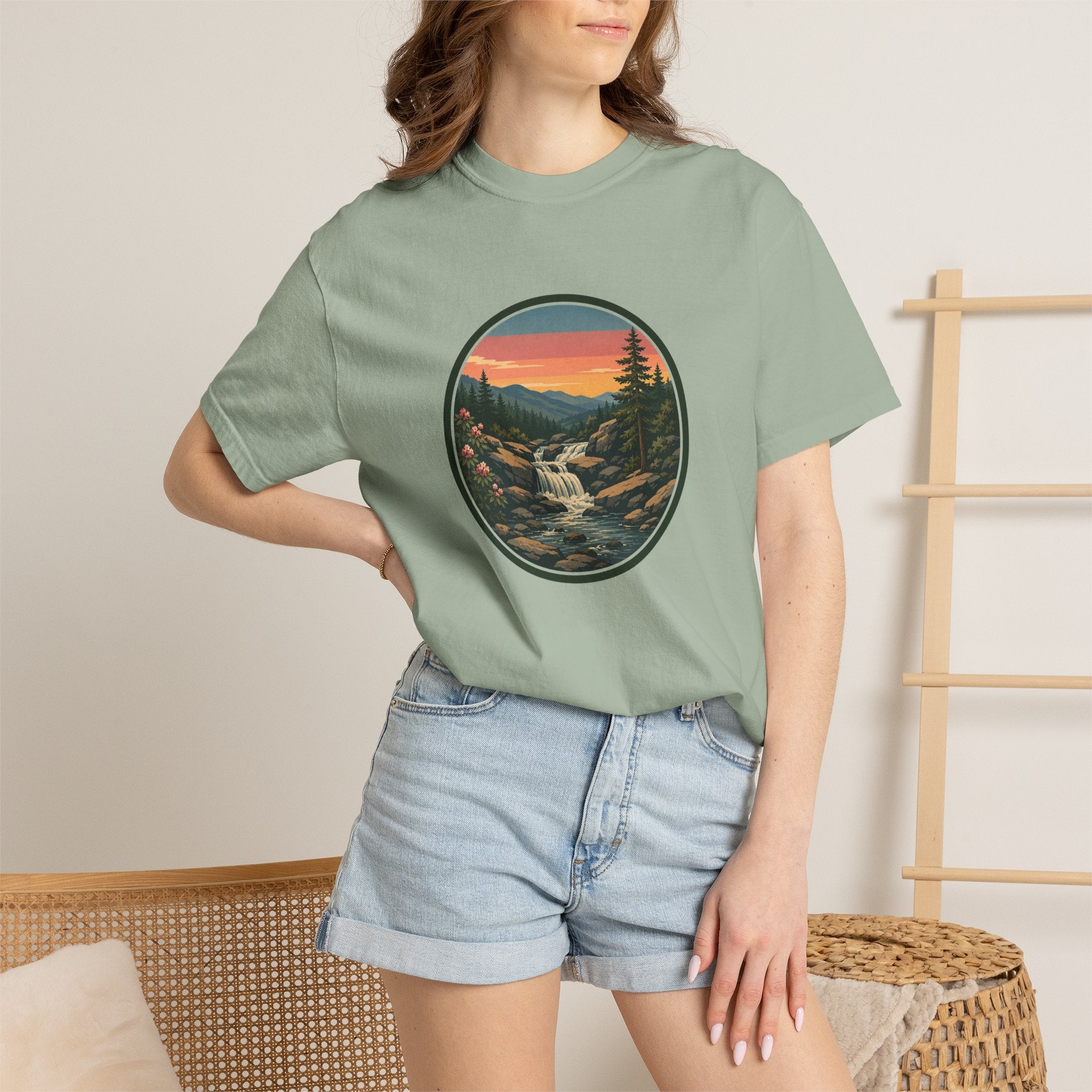 Scenic Waterfall T‑Shirt — Sunset Wilderness Nature Graphic
