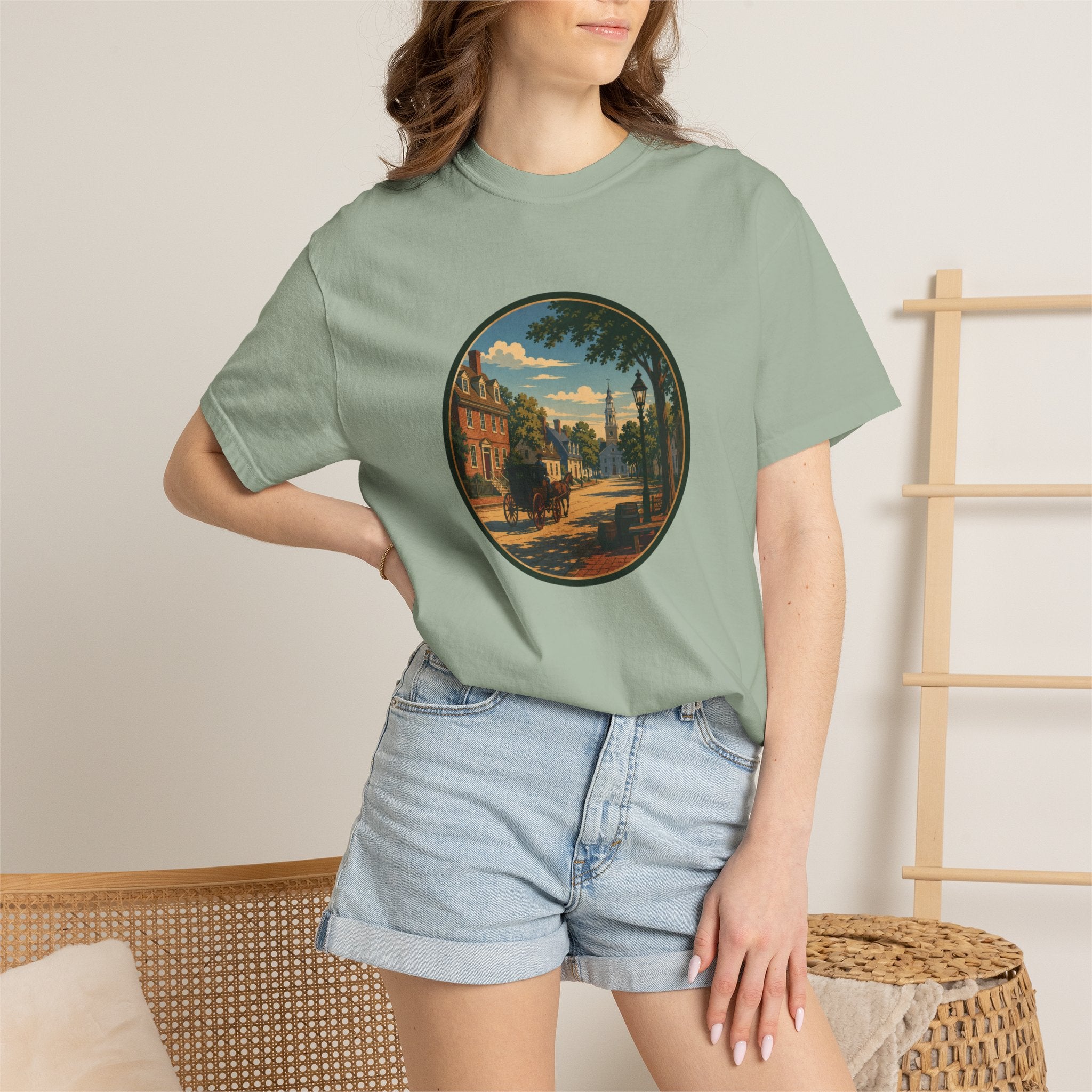 Colonial Carriage Ride T-Shirt — Retro Scenic Circle Print