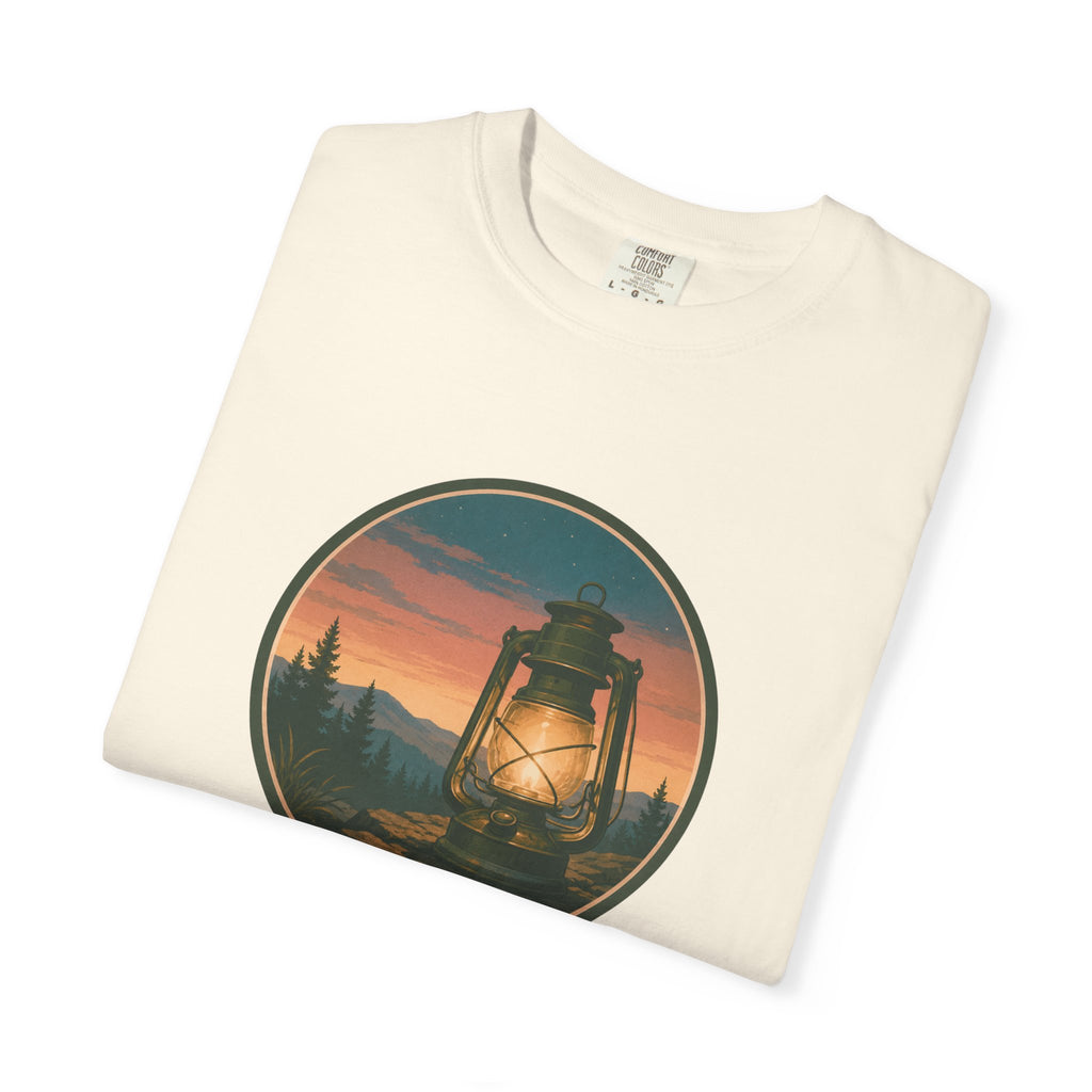 Lantern Sunset T-Shirt — Vintage Campfire Night Graphic Tee