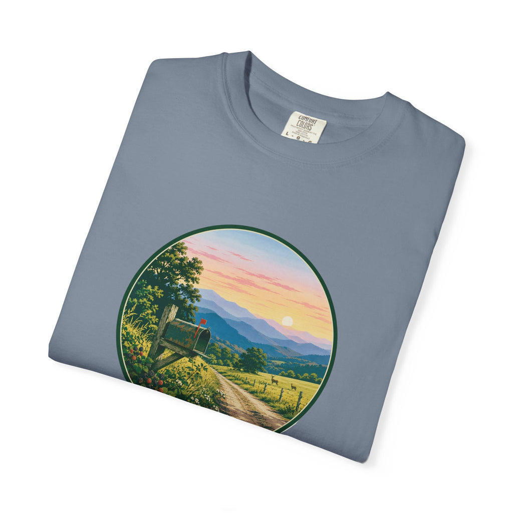 Scenic Backroad Sunset T-Shirt — Vintage Mailbox Circle Landscape Tee