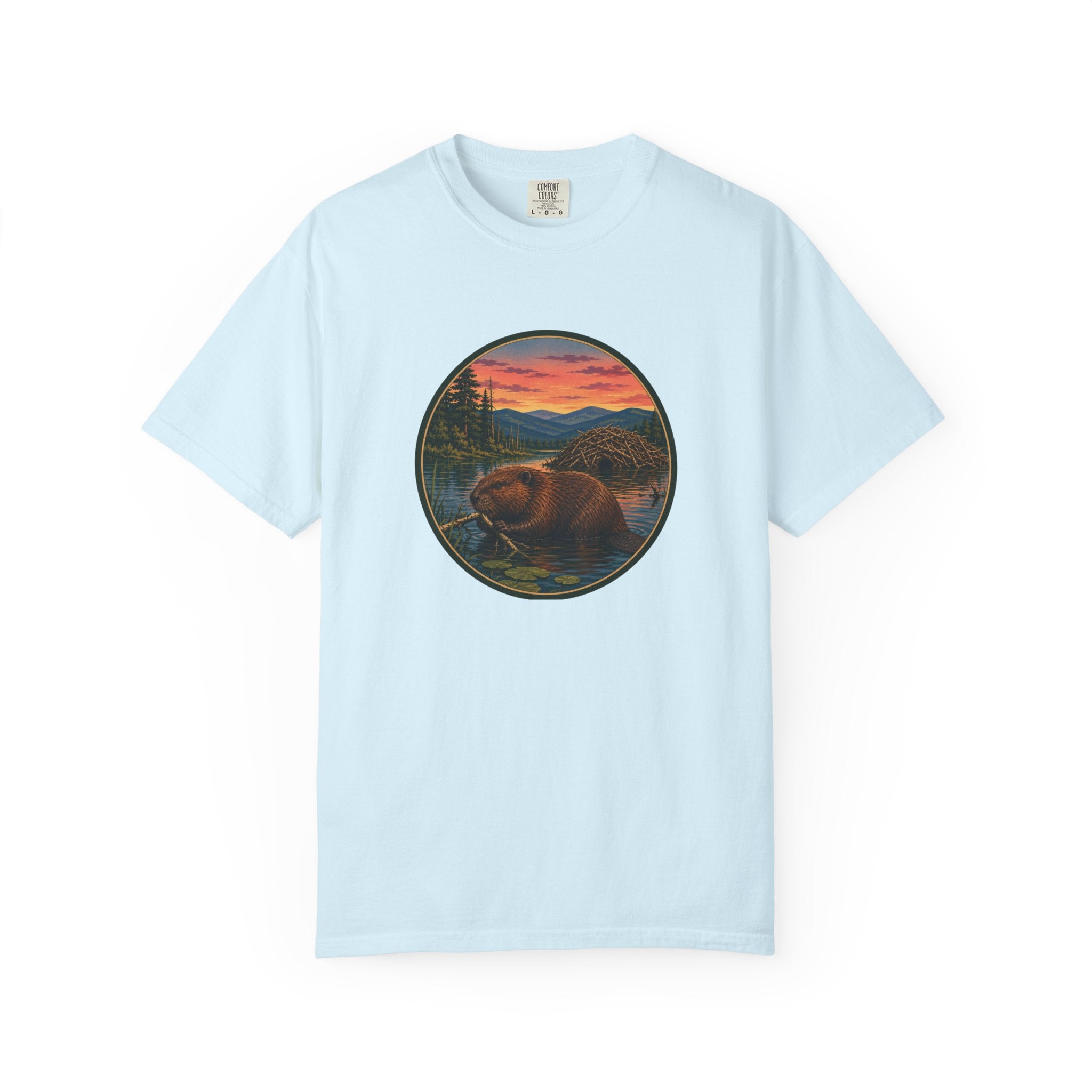 Beaver Sunset T-Shirt — Mountain Lake Wildlife Graphic Tee