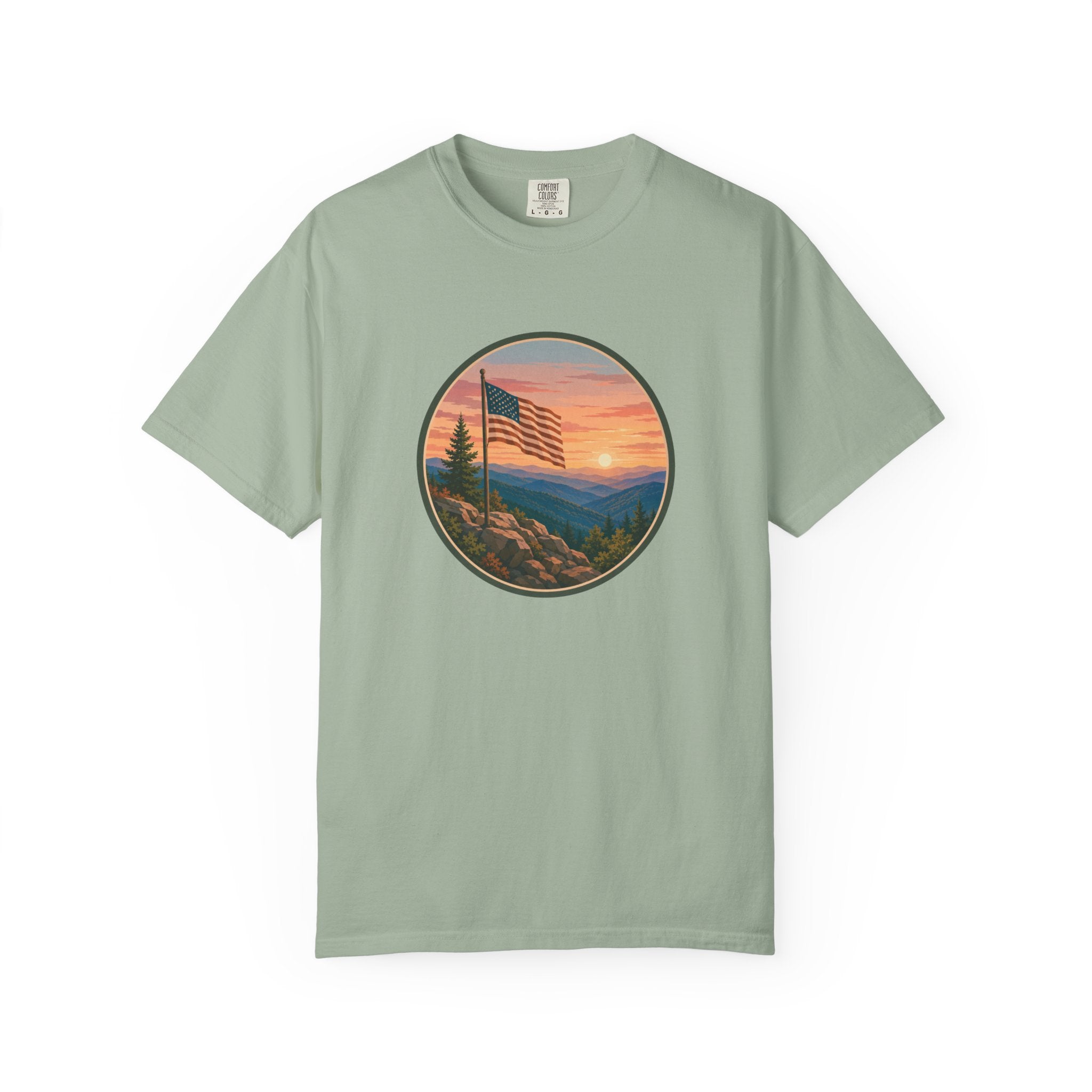 Flag Over Blue Ridge Mountains T-Shirt — Scenic Sunset American Flag Graphic Tee