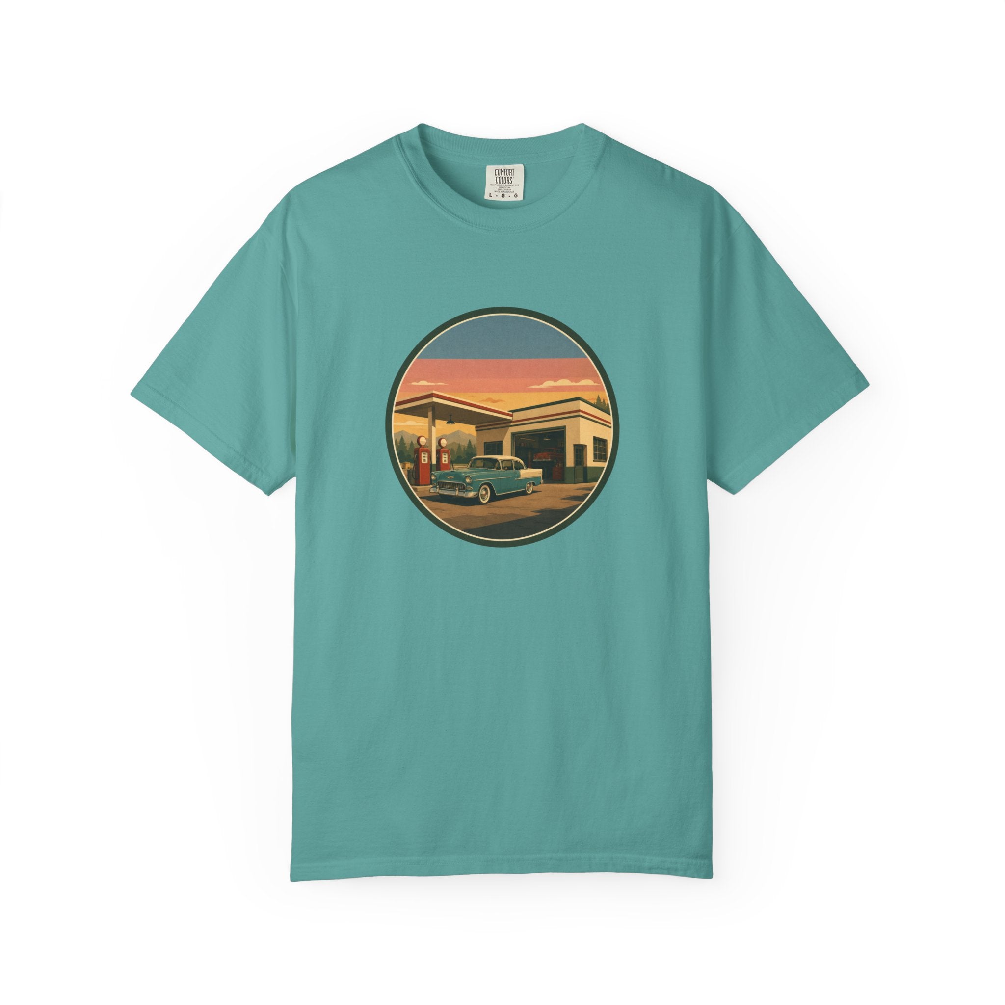 Retro Gas Station T-Shirt — Vintage Sunset Roadside Design
