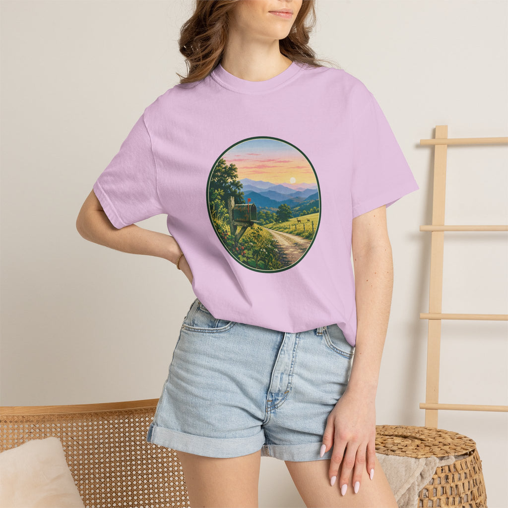 Scenic Backroad Sunset T-Shirt — Vintage Mailbox Circle Landscape Tee