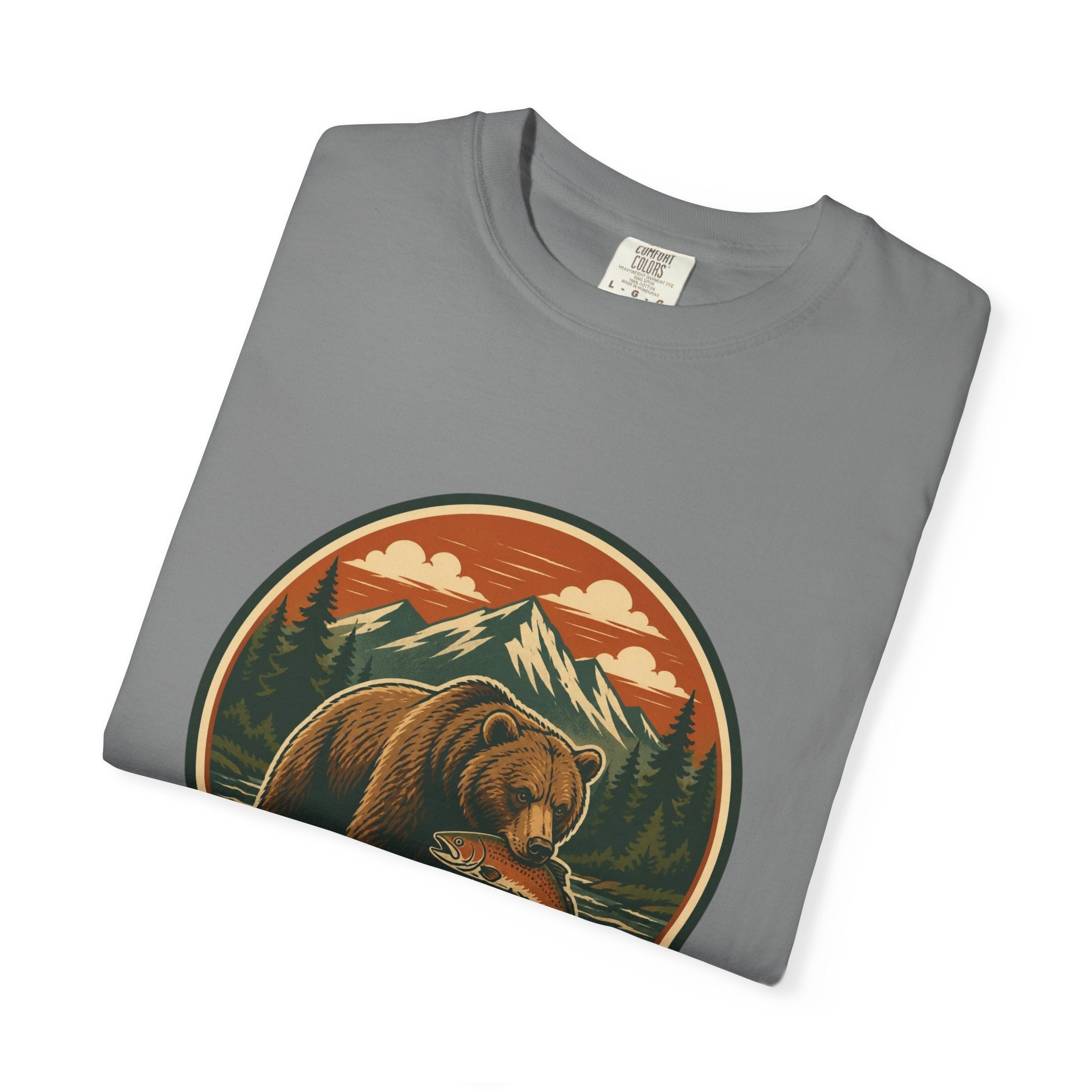 Bear Fishing Mountain T-Shirt — Retro Wilderness Outdoor Graphic Tee