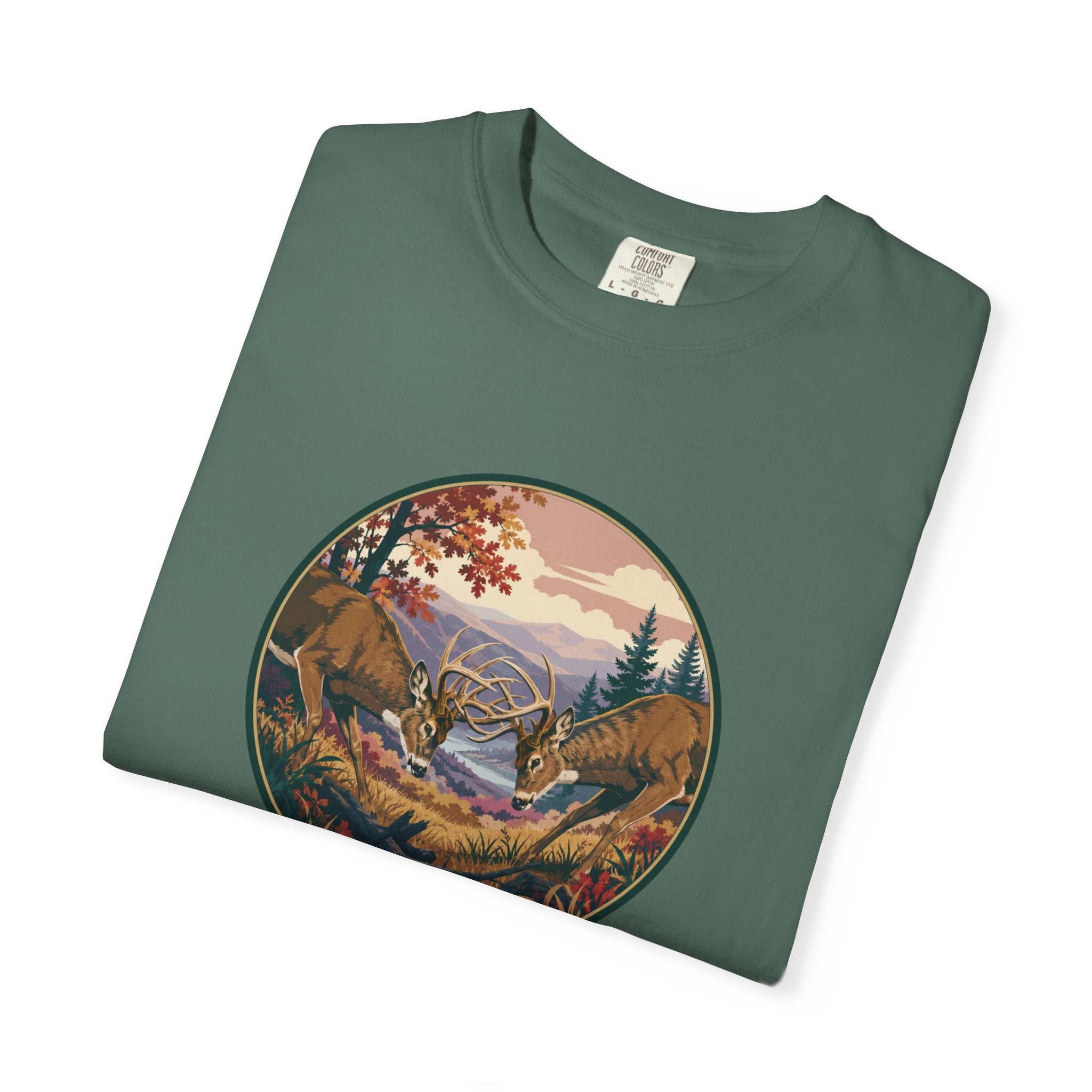 Scenic Wilderness Circle T-Shirt — Mountain Camping & Deer Nature Graphic